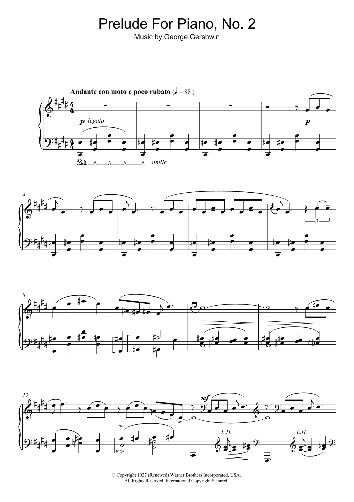 George Gershwin Prelude For Piano, No.2 sheet music notes and chords arranged for Piano Solo