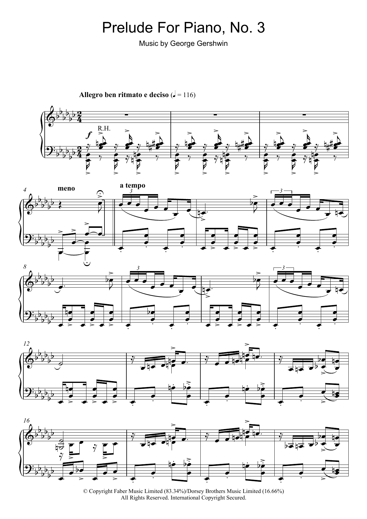 George Gershwin Prelude For Piano, No.3 sheet music notes and chords arranged for Piano Solo