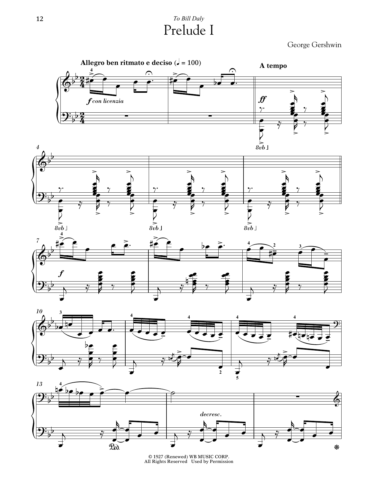 George Gershwin Prelude I (Allegro Ben Ritmato E Deciso) sheet music notes and chords arranged for Piano Solo