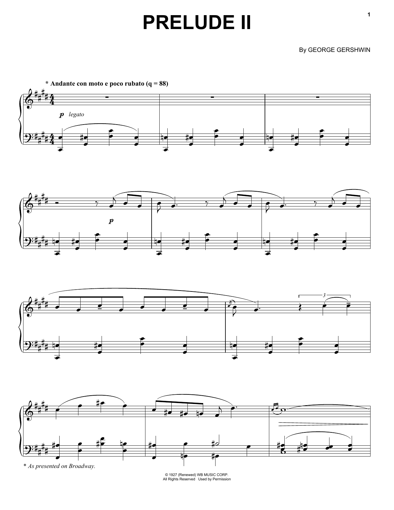 George Gershwin Prelude II (Andante Con Moto E Poco Rubato) (from An American In Paris) sheet music notes and chords arranged for Piano Solo