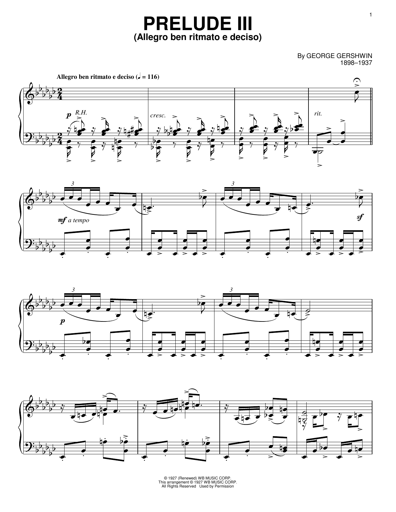 George Gershwin Prelude III (Allegro Ben Ritmato E Deciso) sheet music notes and chords arranged for Piano Solo