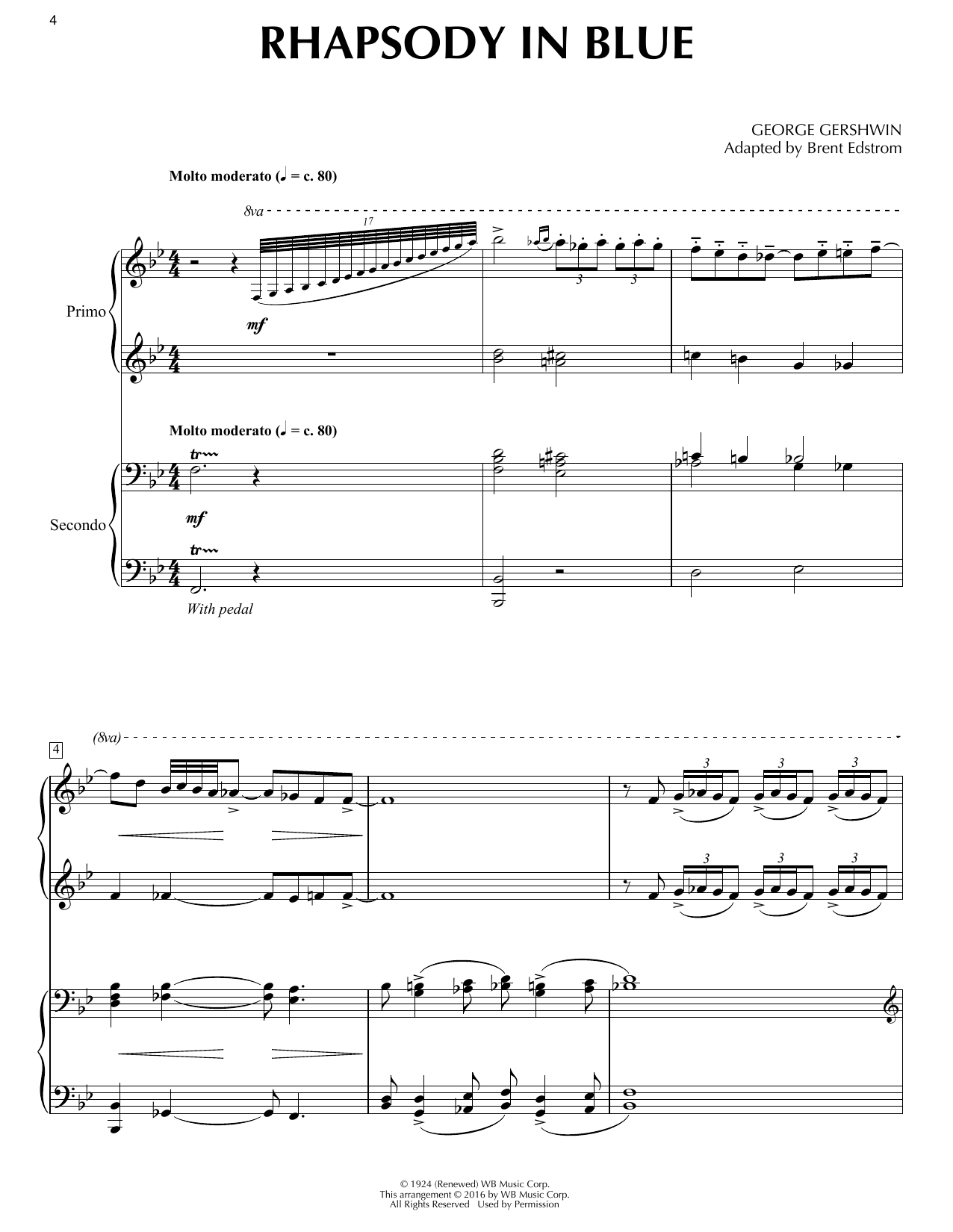 George Gershwin Rhapsody In Blue (1 Piano, 4 Hands) (arr. Brent Edstrom) sheet music notes and chords arranged for Piano Duet