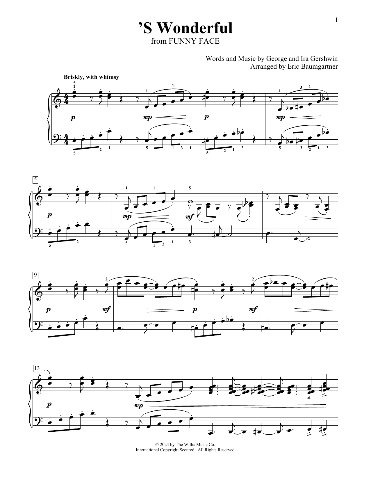 George Gershwin 'S Wonderful (arr. Eric Baumgartner) sheet music notes and chords arranged for Educational Piano