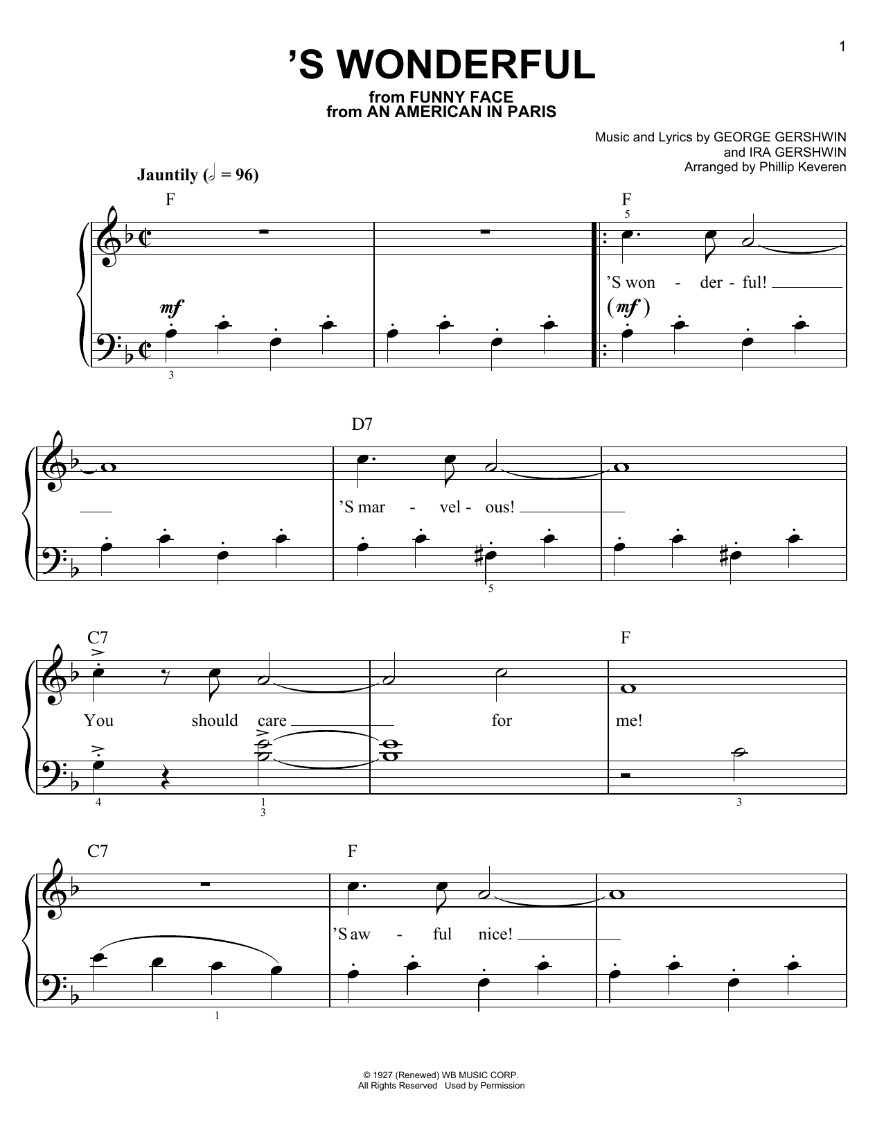 George Gershwin 'S Wonderful (arr. Phillip Keveren) sheet music notes and chords arranged for Easy Piano