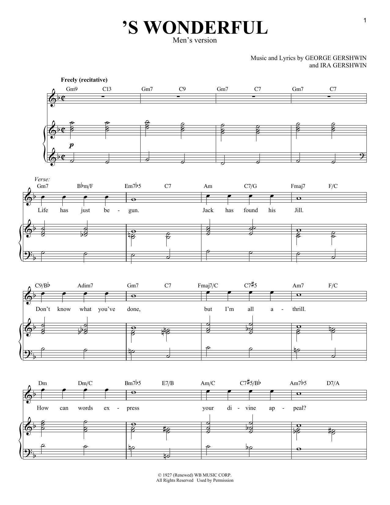 George Gershwin 'S Wonderful [Men's version] sheet music notes and chords arranged for Piano & Vocal