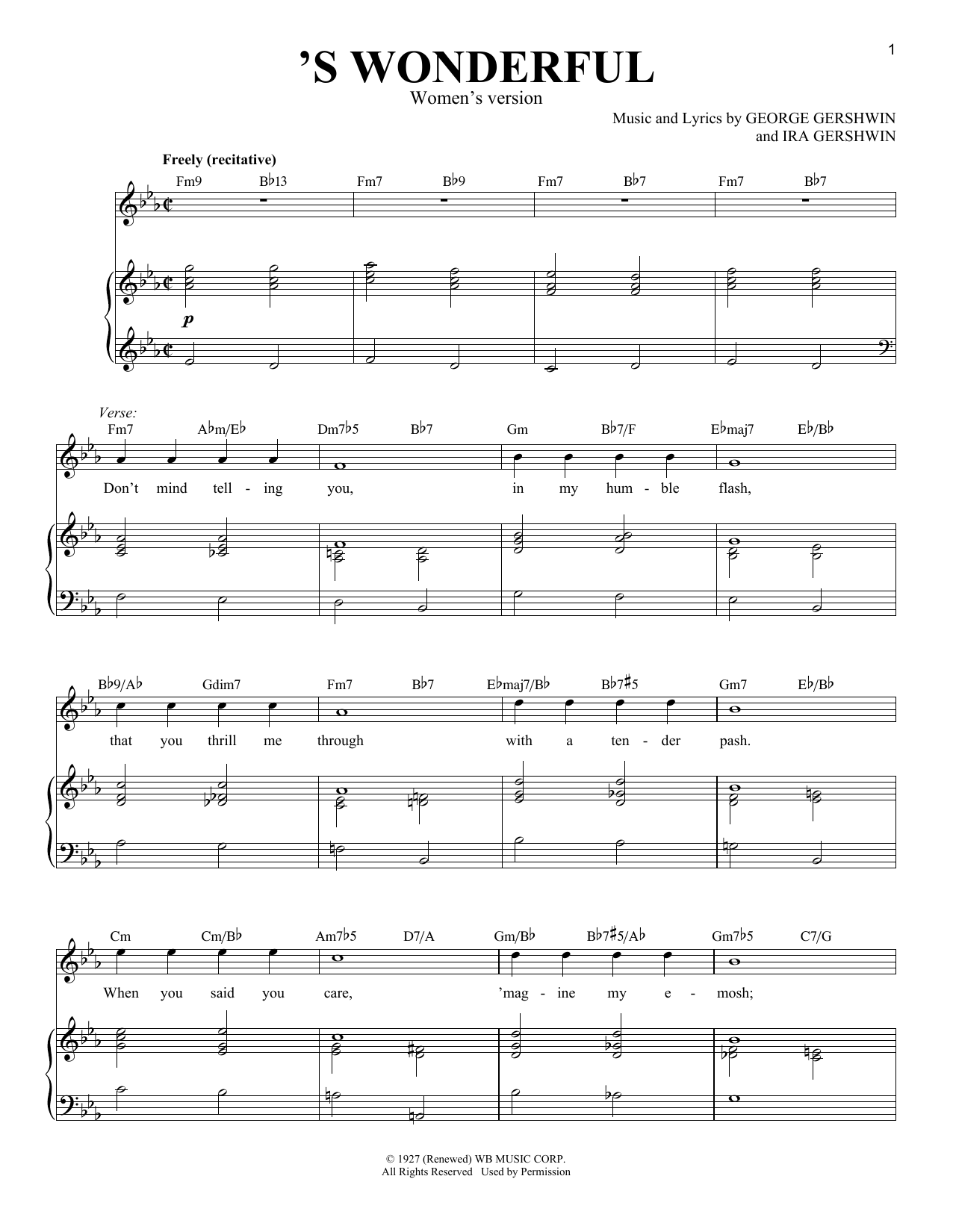 George Gershwin 'S Wonderful [Women's version] sheet music notes and chords arranged for Piano & Vocal