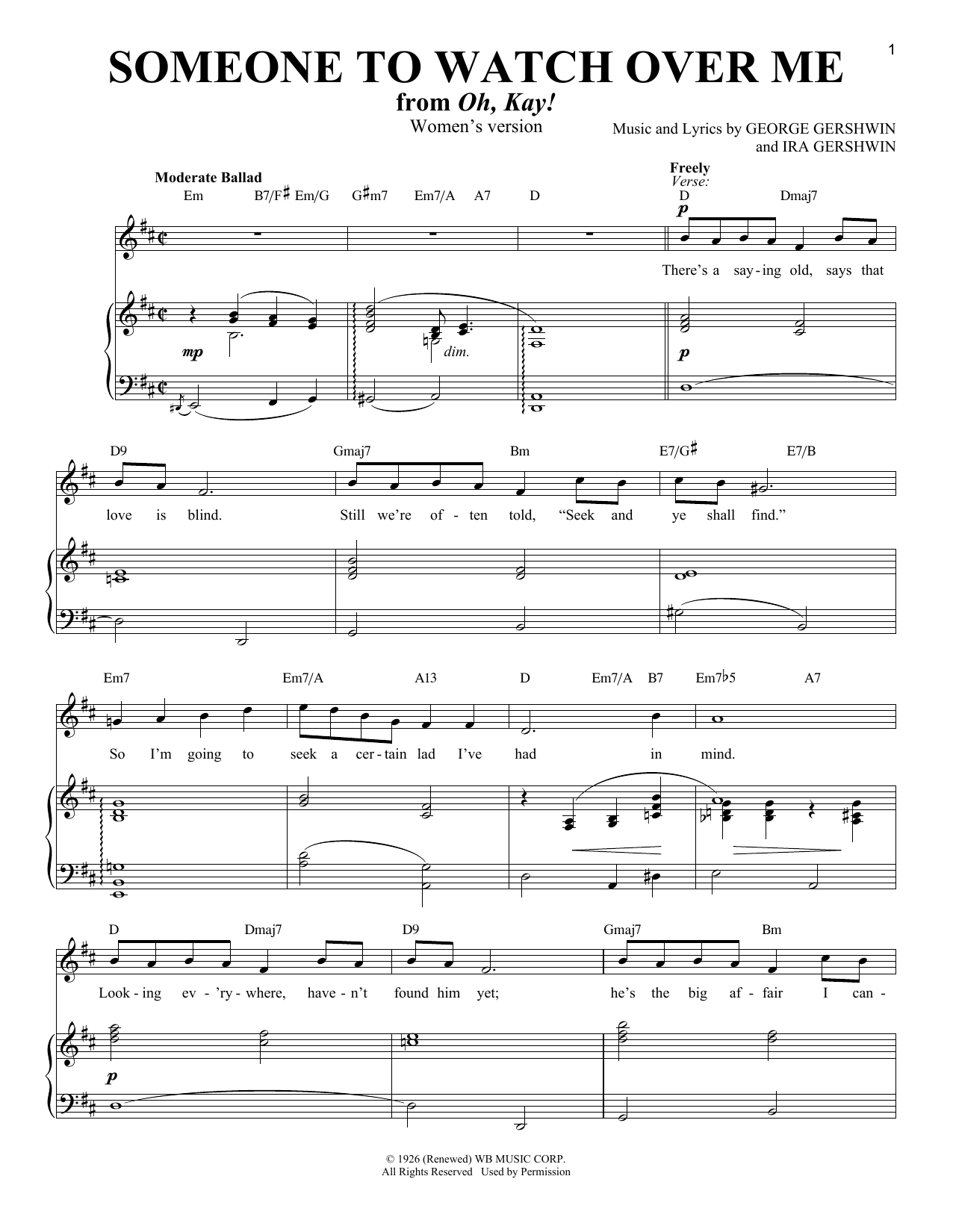 George Gershwin Someone To Watch Over Me (from Oh, Kay!) [Women's version] sheet music notes and chords arranged for Piano & Vocal