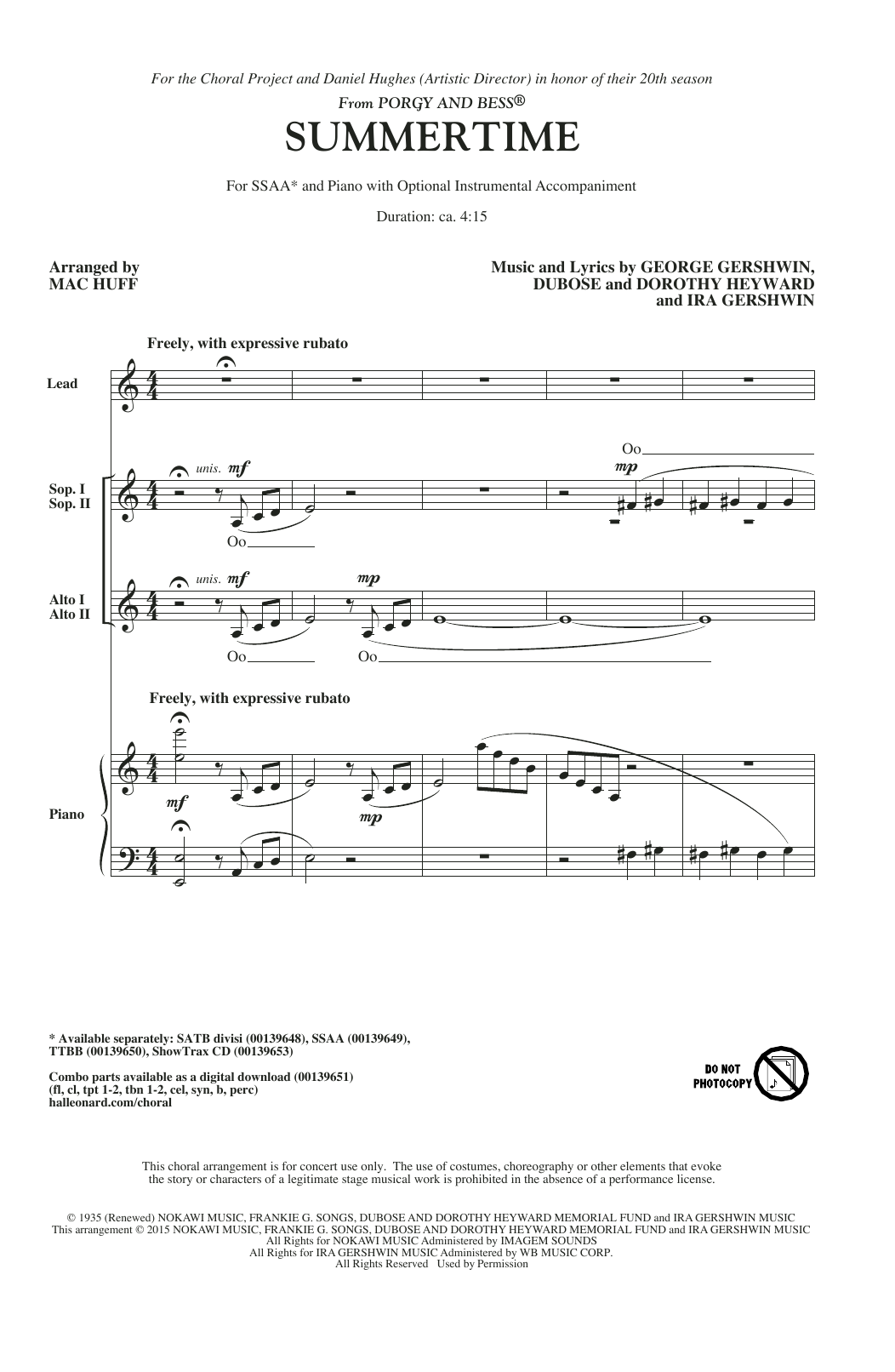 Mac Huff Summertime sheet music notes and chords arranged for SATB Choir