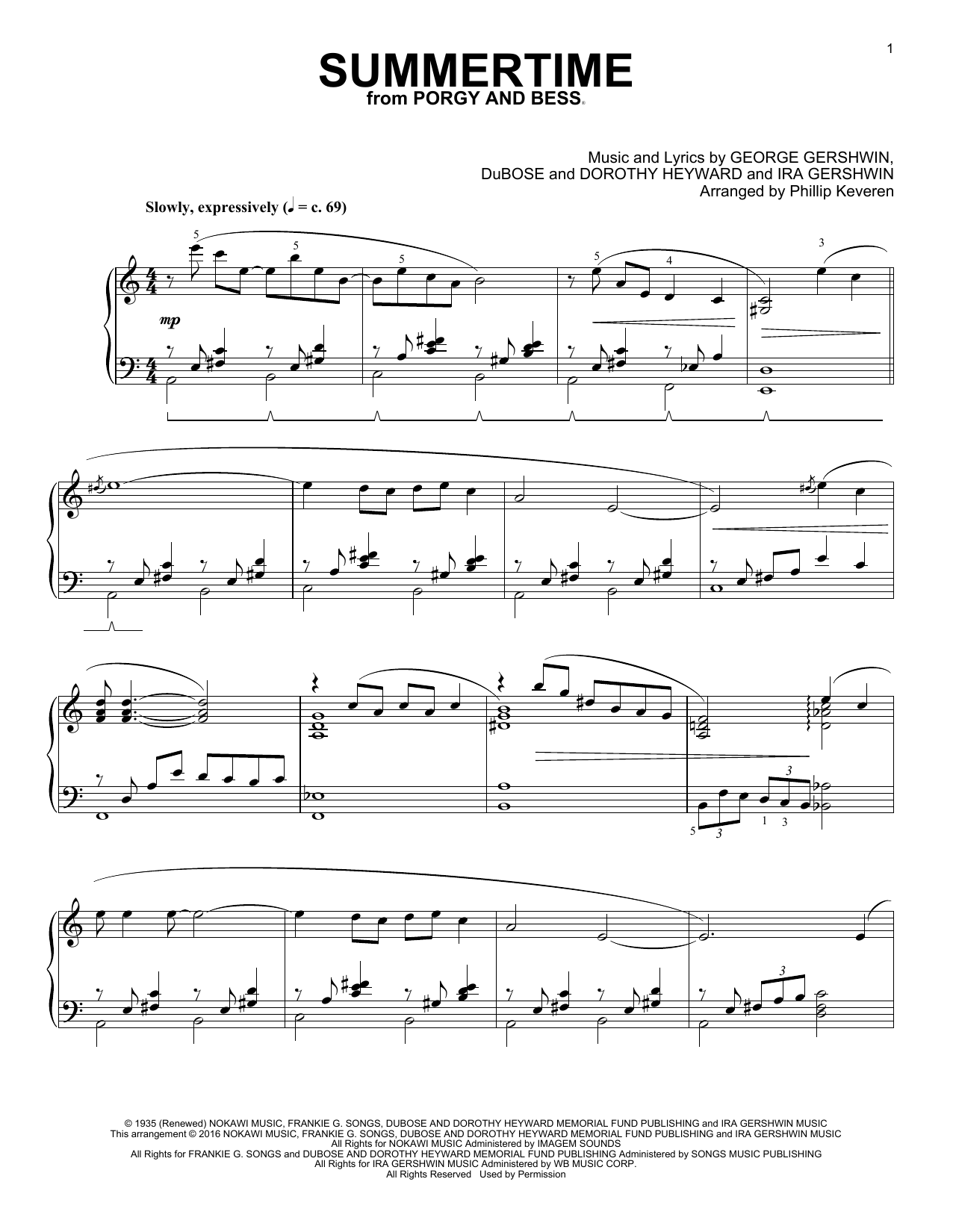 George Gershwin Summertime (arr. Phillip Keveren) sheet music notes and chords arranged for Piano Solo