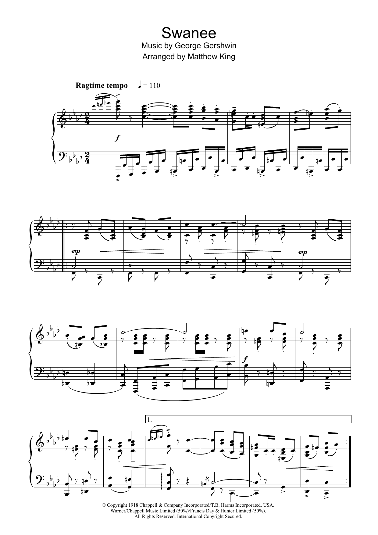 George Gershwin Swanee sheet music notes and chords arranged for Super Easy Piano
