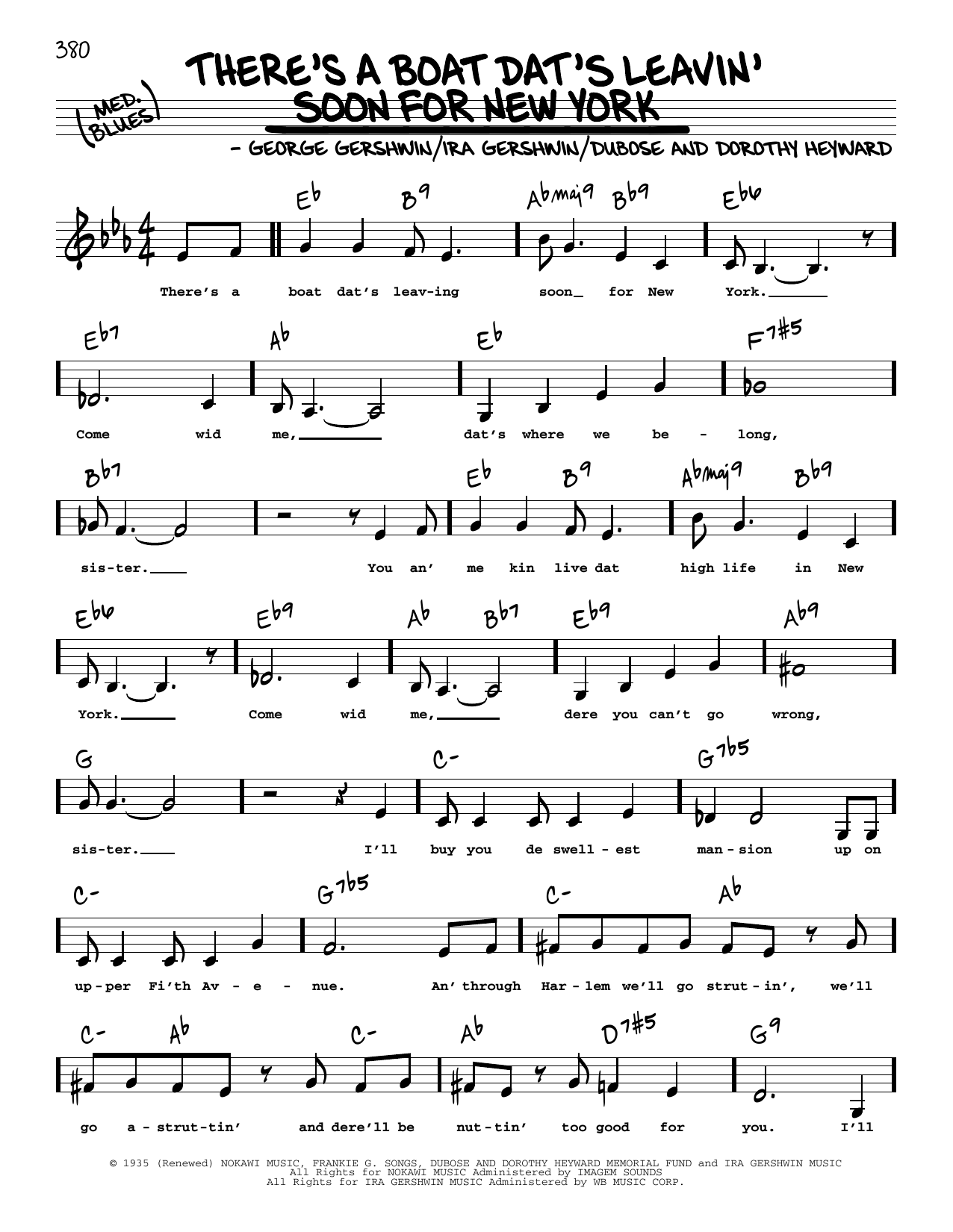 George Gershwin There's A Boat Dat's Leavin' Soon For New York (Low Voice) sheet music notes and chords arranged for Real Book – Melody, Lyrics & Chords