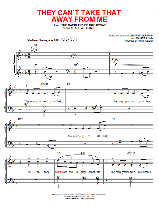 George Gershwin They Can't Take That Away From Me (arr. Phillip Keveren) sheet music notes and chords arranged for Piano Solo