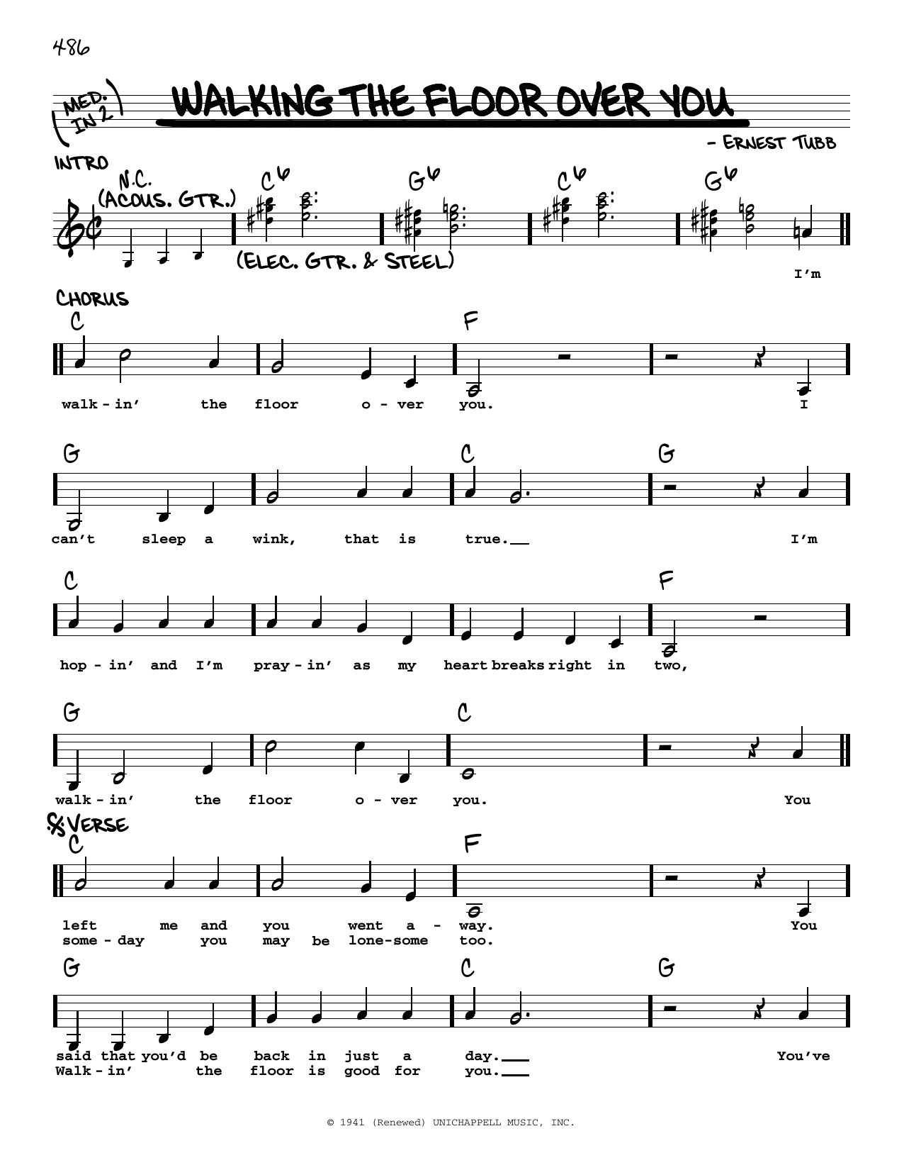 George Hamilton IV Walking The Floor Over You sheet music notes and chords arranged for Real Book – Melody, Lyrics & Chords