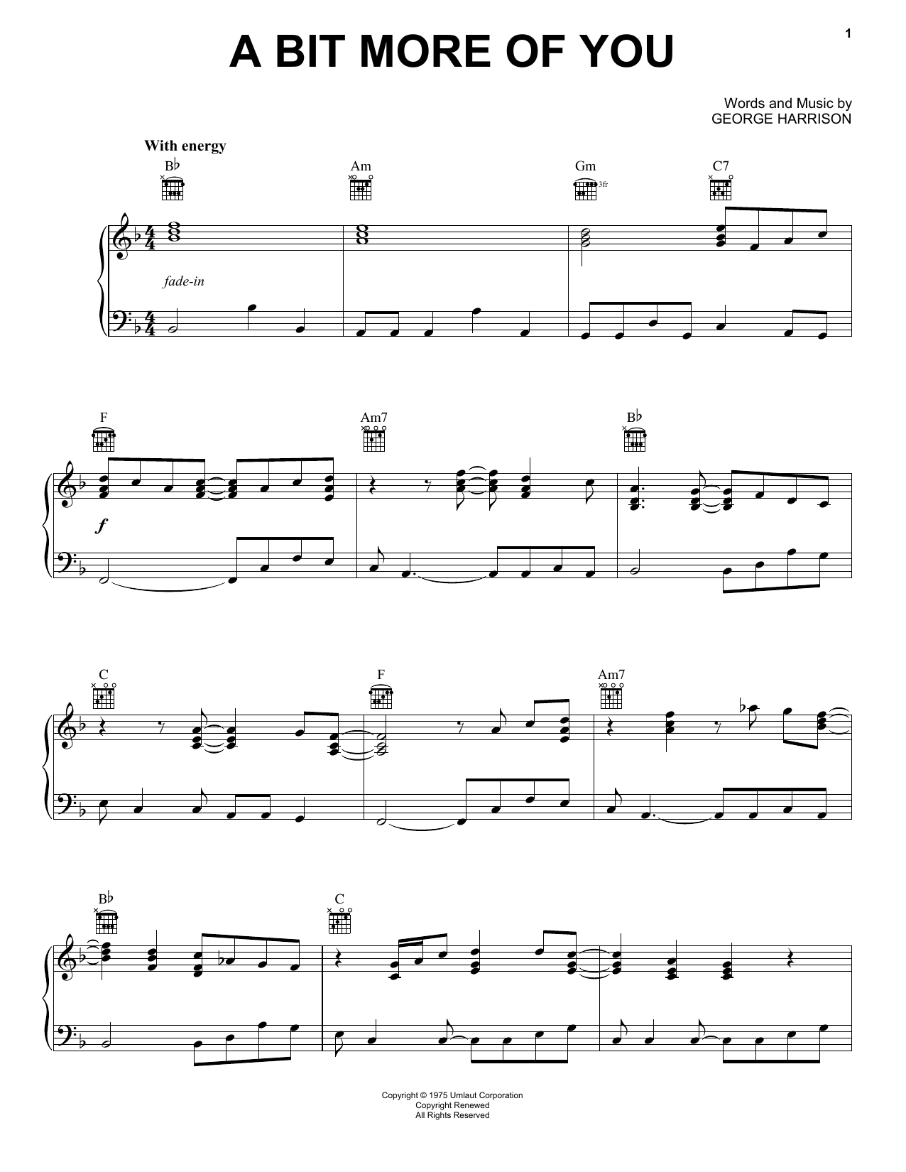 George Harrison A Bit More Of You sheet music notes and chords arranged for Piano Solo
