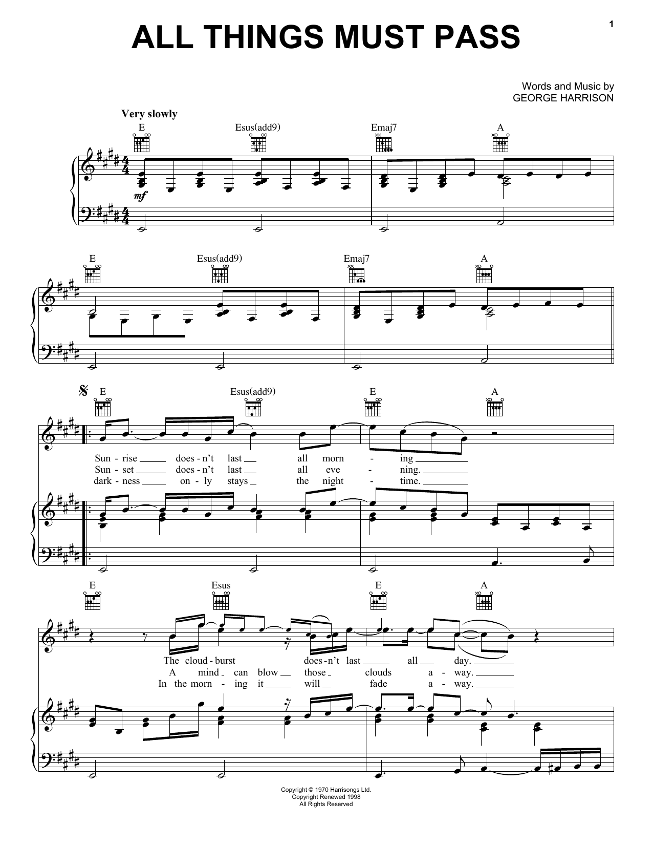 George Harrison All Things Must Pass sheet music notes and chords arranged for Piano, Vocal & Guitar Chords (Right-Hand Melody)