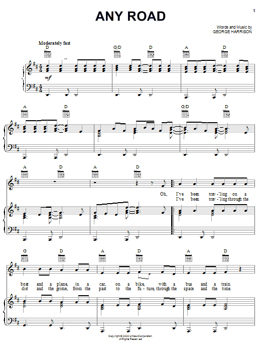 George Harrison Any Road sheet music notes and chords arranged for Piano, Vocal & Guitar Chords (Right-Hand Melody)