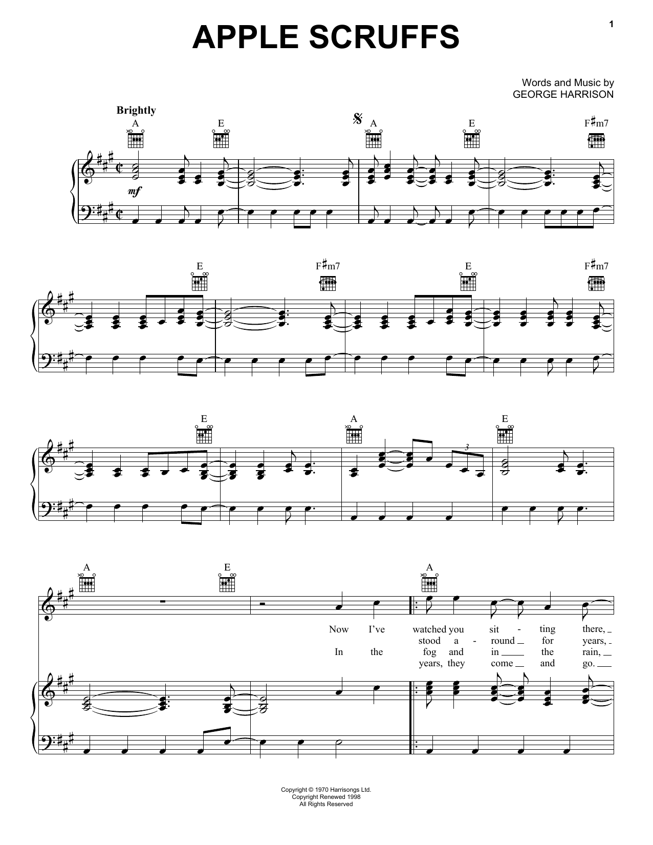 George Harrison Apple Scruffs sheet music notes and chords arranged for Piano, Vocal & Guitar Chords (Right-Hand Melody)