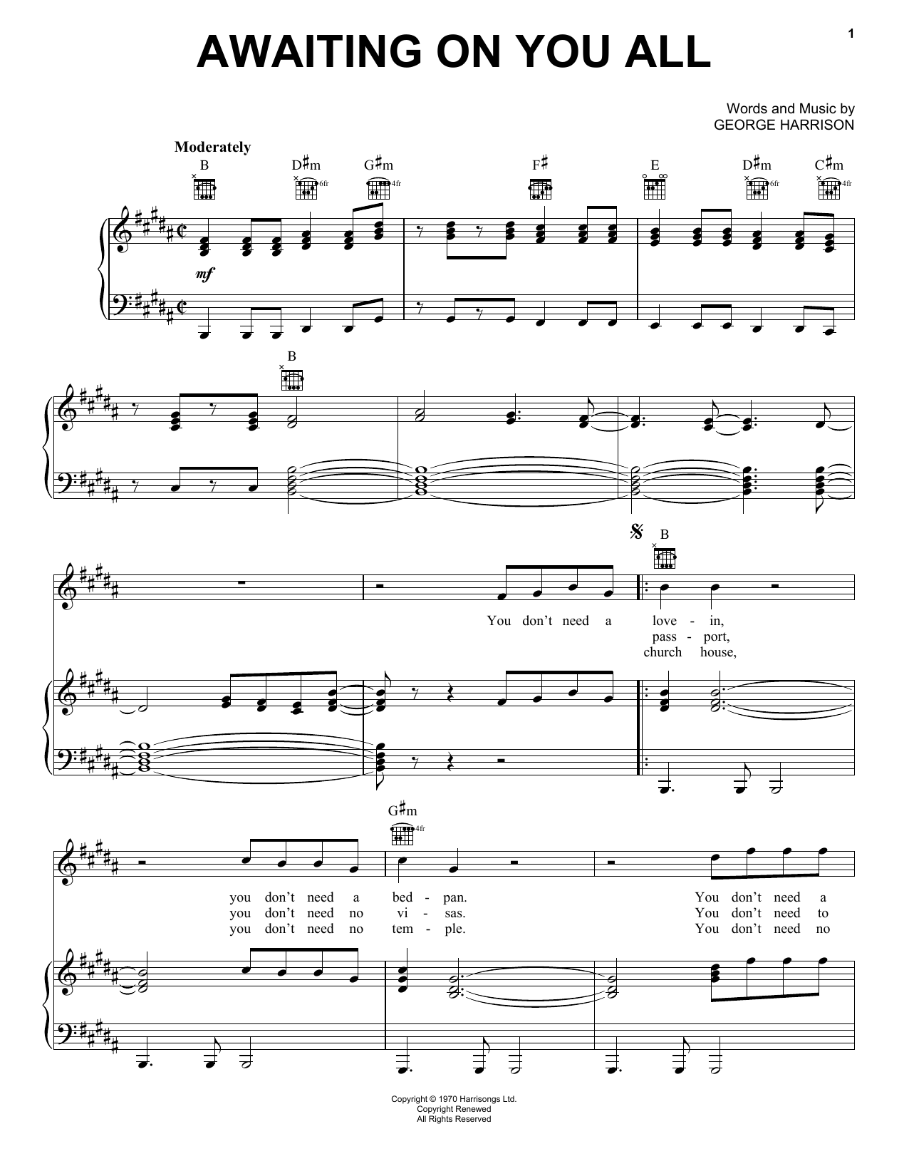 George Harrison Awaiting On You All sheet music notes and chords arranged for Piano, Vocal & Guitar Chords (Right-Hand Melody)