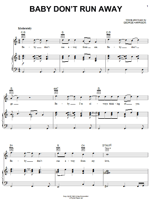 George Harrison Baby Don't Run Away sheet music notes and chords arranged for Piano, Vocal & Guitar Chords (Right-Hand Melody)