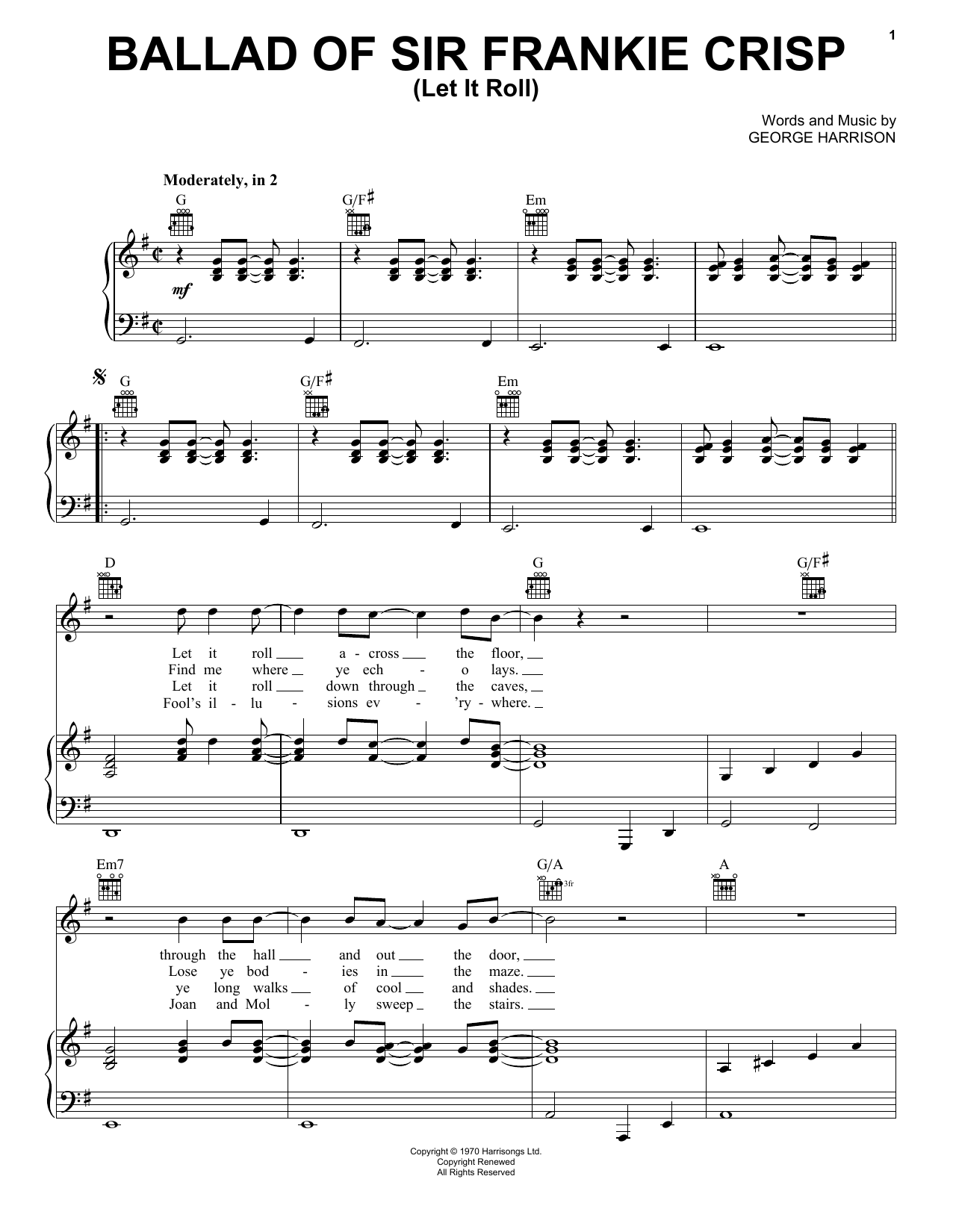 George Harrison Ballad Of Sir Frankie Crisp (Let It Roll) sheet music notes and chords arranged for Piano, Vocal & Guitar Chords (Right-Hand Melody)