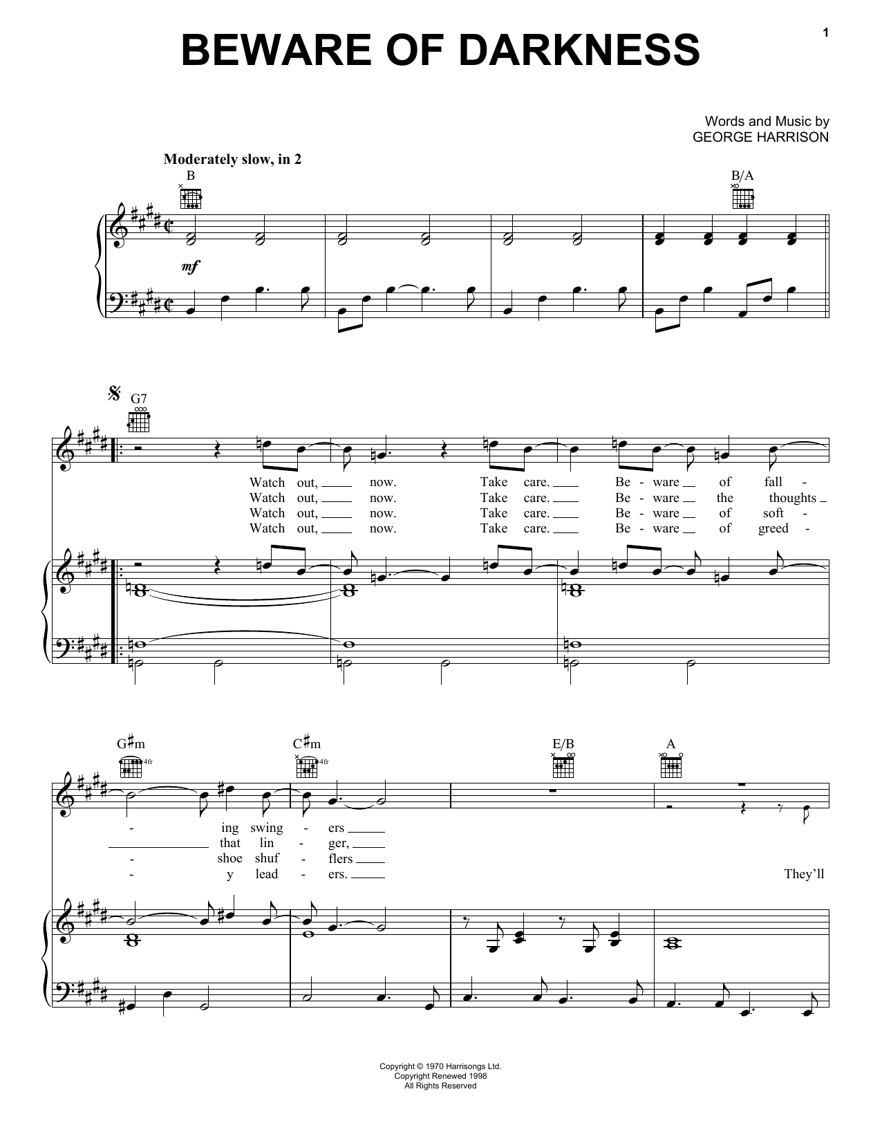 George Harrison Beware Of Darkness sheet music notes and chords arranged for Piano, Vocal & Guitar Chords (Right-Hand Melody)