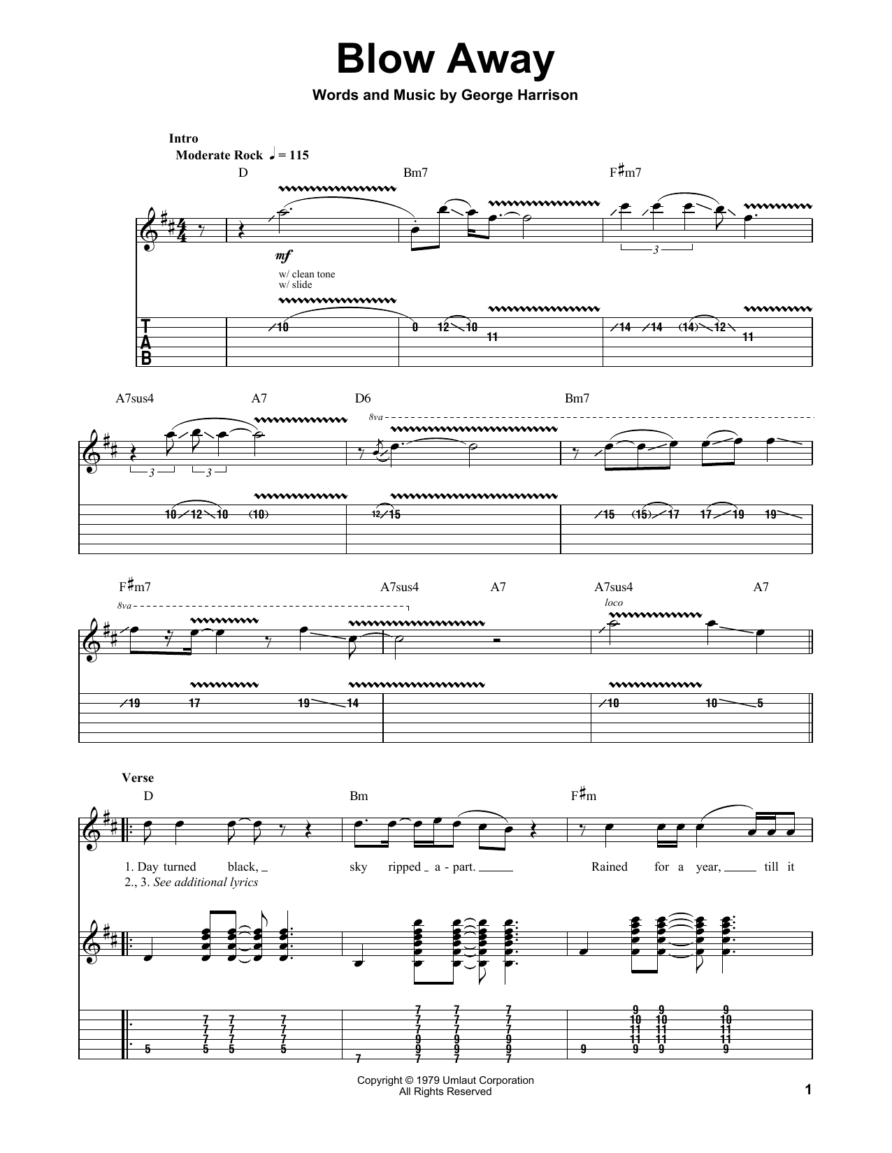 George Harrison Blow Away sheet music notes and chords arranged for Guitar Tab (Single Guitar)
