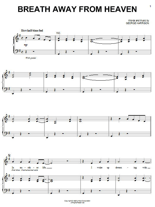 George Harrison Breath Away From Heaven sheet music notes and chords arranged for Piano, Vocal & Guitar Chords (Right-Hand Melody)