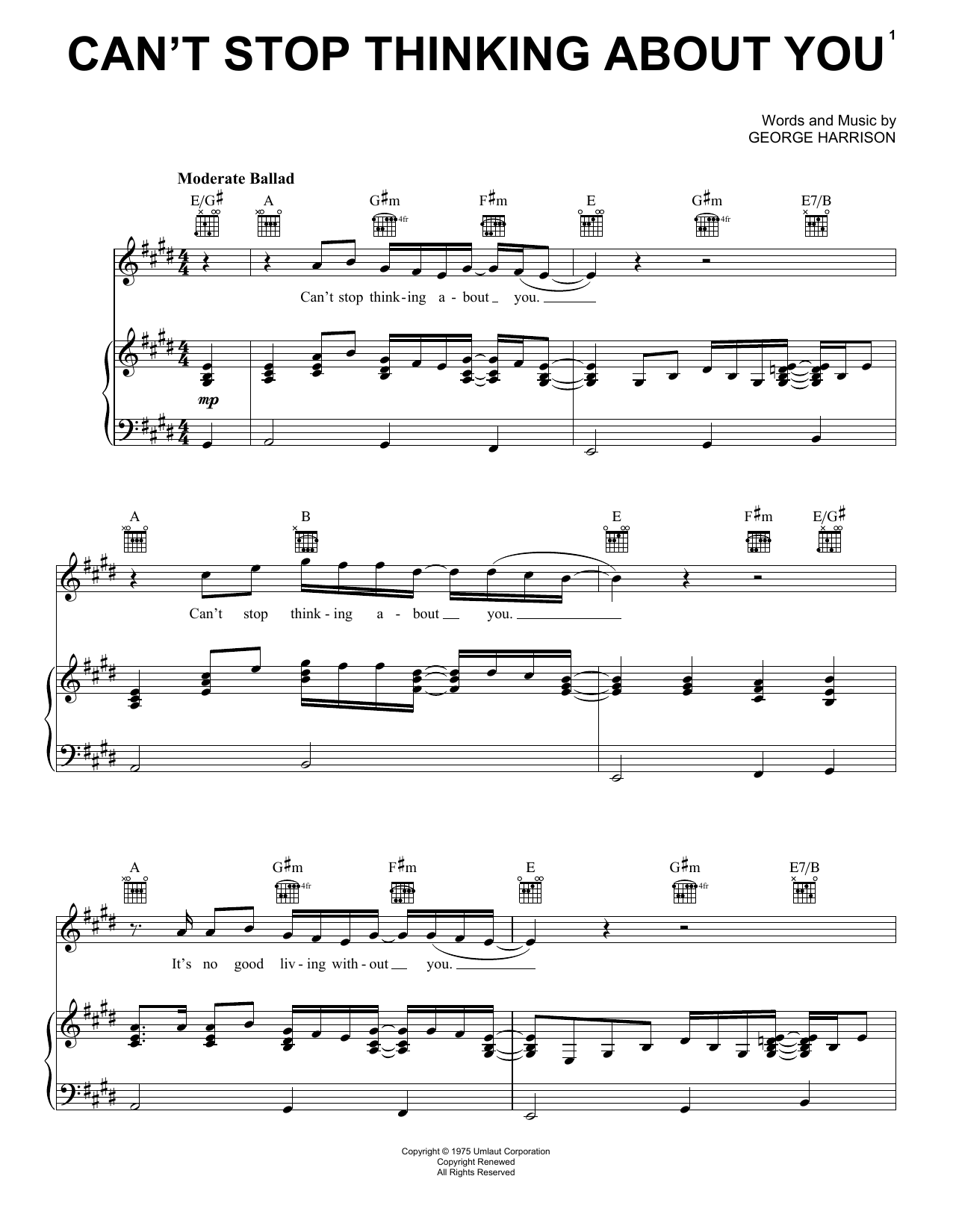 George Harrison Can't Stop Thinking About You sheet music notes and chords arranged for Piano, Vocal & Guitar Chords (Right-Hand Melody)