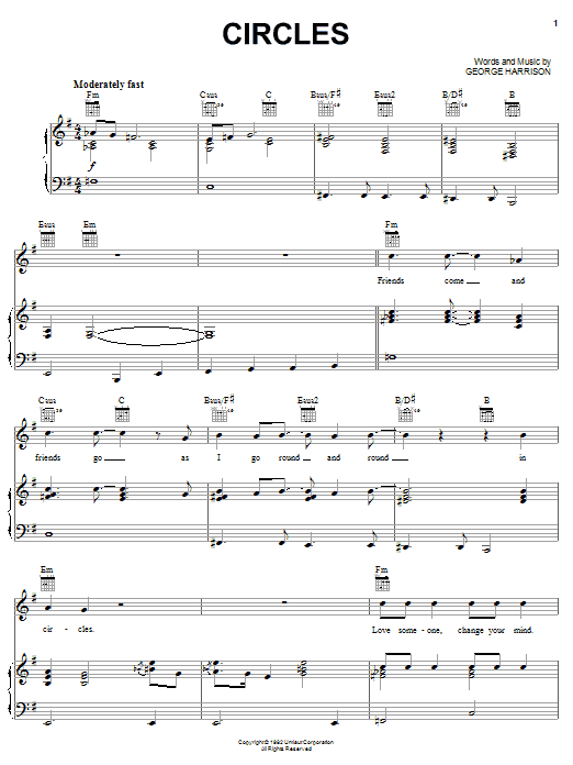 George Harrison Circles sheet music notes and chords arranged for Piano, Vocal & Guitar Chords (Right-Hand Melody)