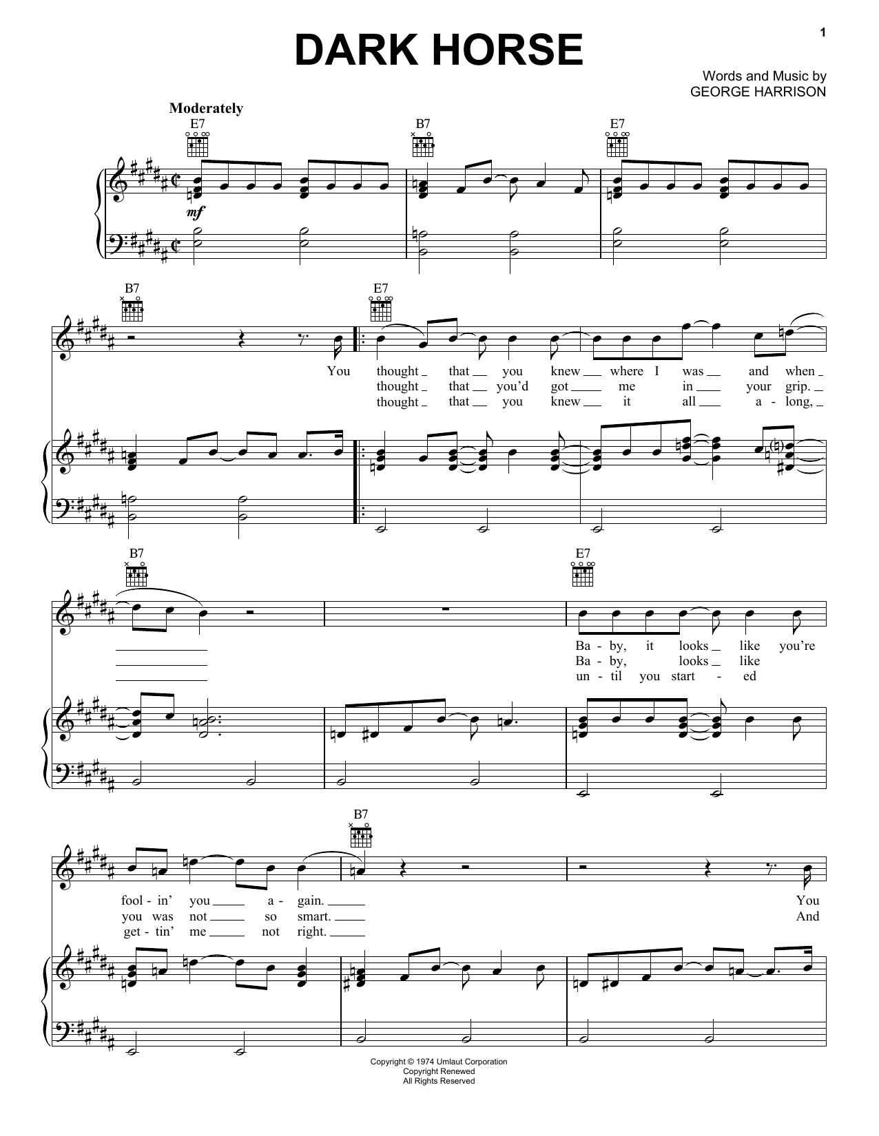 George Harrison Dark Horse sheet music notes and chords arranged for Piano, Vocal & Guitar Chords (Right-Hand Melody)