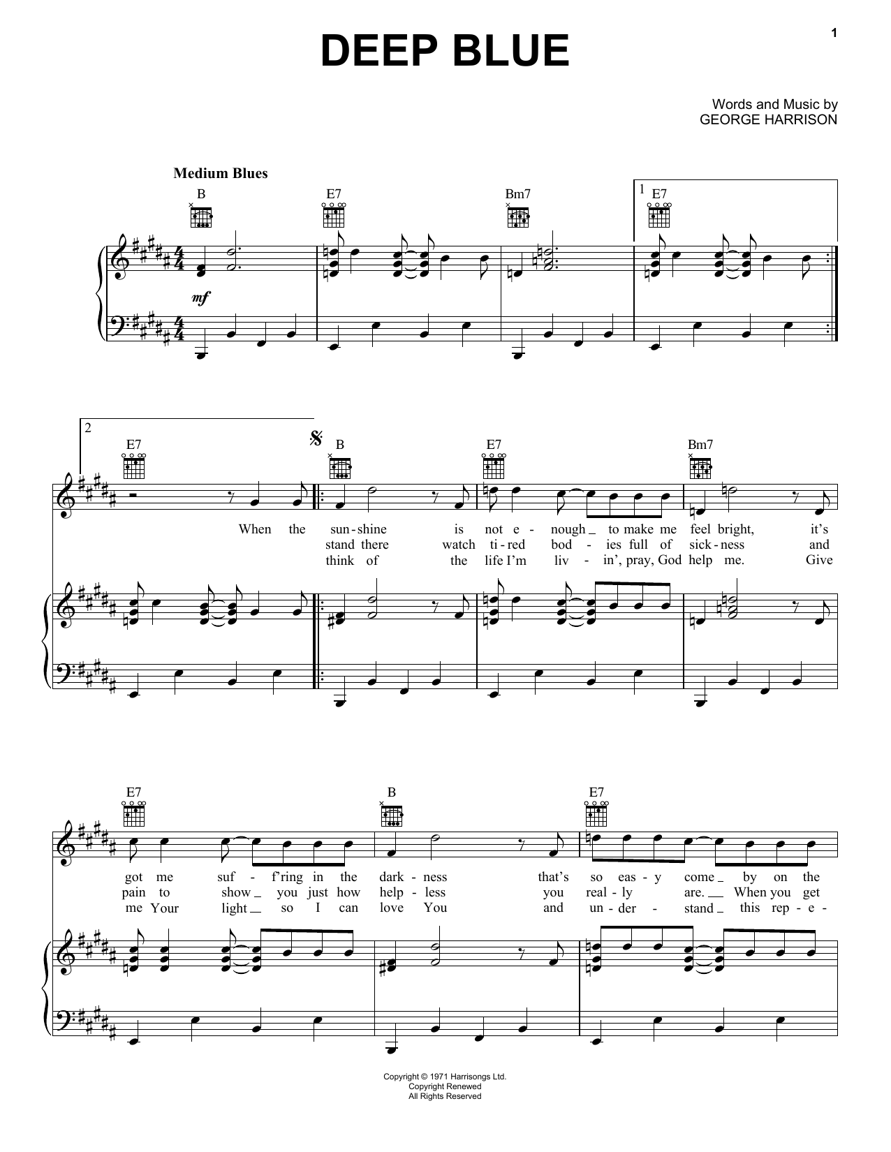 George Harrison Deep Blue sheet music notes and chords arranged for Piano, Vocal & Guitar Chords (Right-Hand Melody)