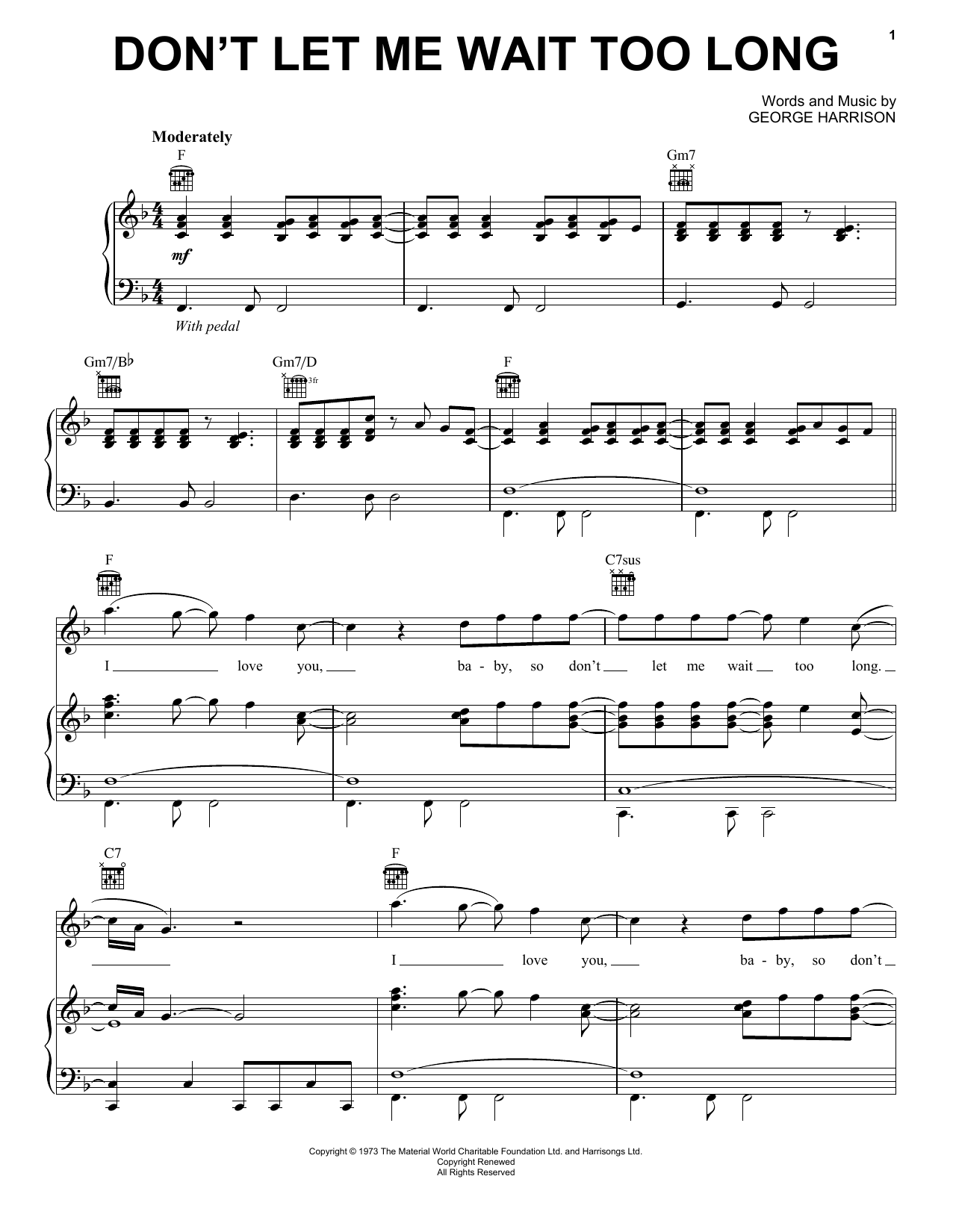 George Harrison Don't Let Me Wait Too Long sheet music notes and chords arranged for Piano, Vocal & Guitar Chords (Right-Hand Melody)