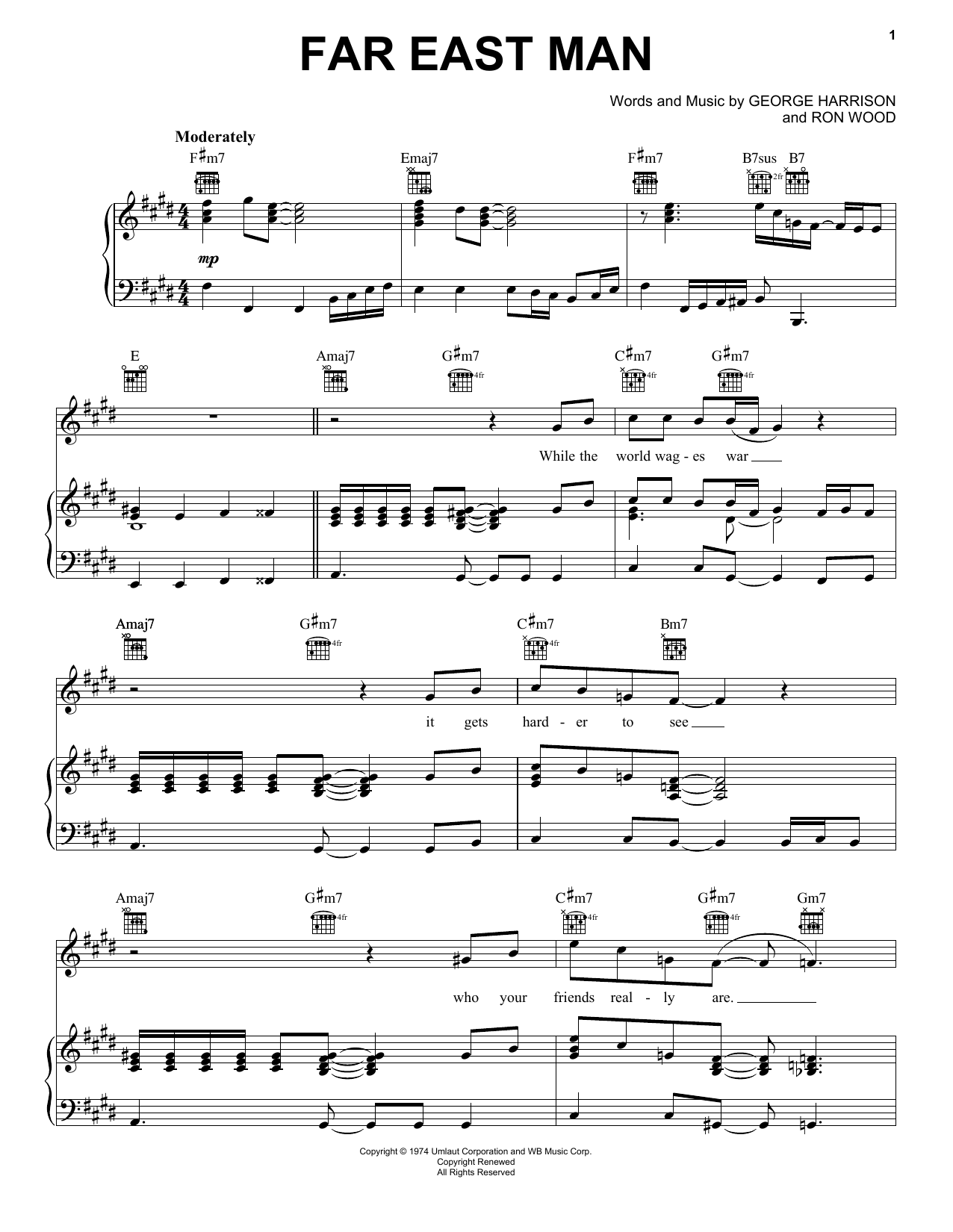 George Harrison Far East Man sheet music notes and chords arranged for Piano, Vocal & Guitar Chords (Right-Hand Melody)