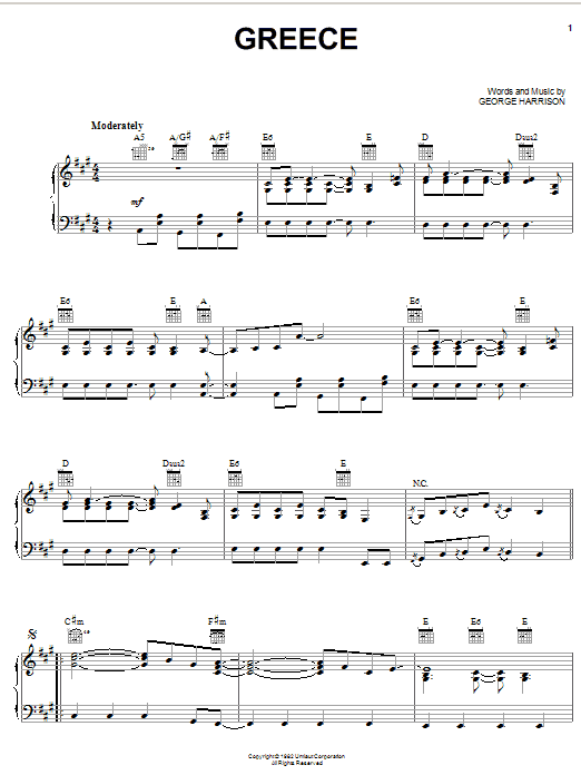 George Harrison Greece sheet music notes and chords arranged for Piano, Vocal & Guitar Chords (Right-Hand Melody)