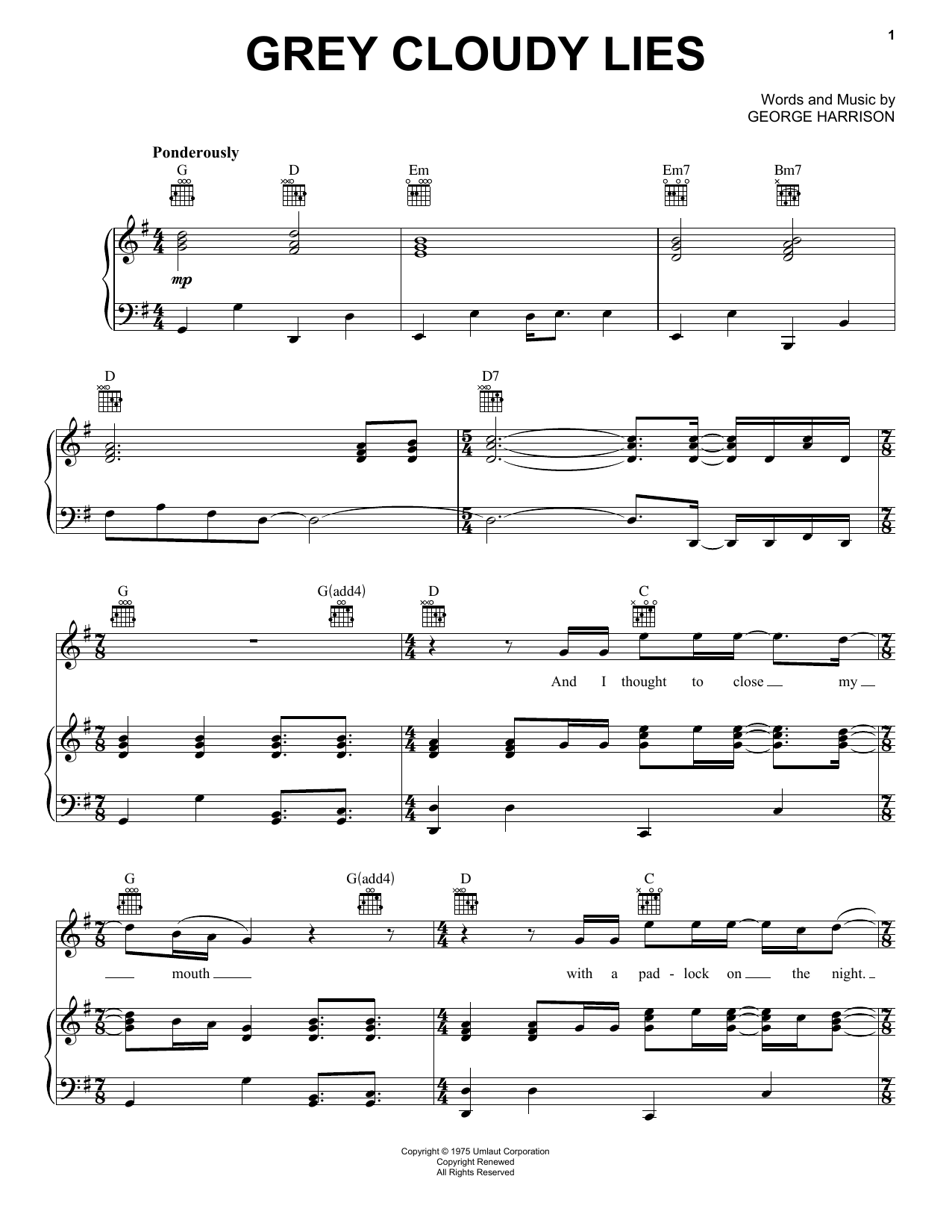 George Harrison Grey Cloudy Lies sheet music notes and chords arranged for Piano, Vocal & Guitar Chords (Right-Hand Melody)