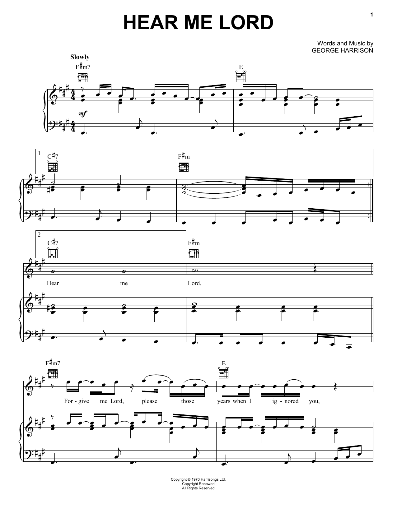 George Harrison Hear Me Lord sheet music notes and chords arranged for Piano, Vocal & Guitar Chords (Right-Hand Melody)