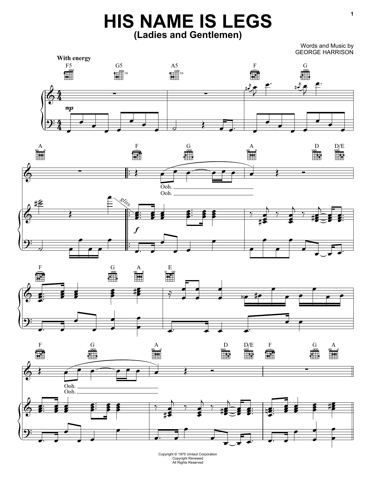 George Harrison His Name Is Legs (Ladies And Gentlemen) sheet music notes and chords arranged for Piano, Vocal & Guitar Chords (Right-Hand Melody)