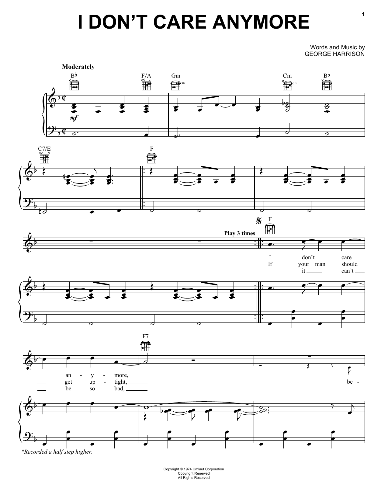 George Harrison I Don't Care Anymore sheet music notes and chords arranged for Piano, Vocal & Guitar Chords (Right-Hand Melody)