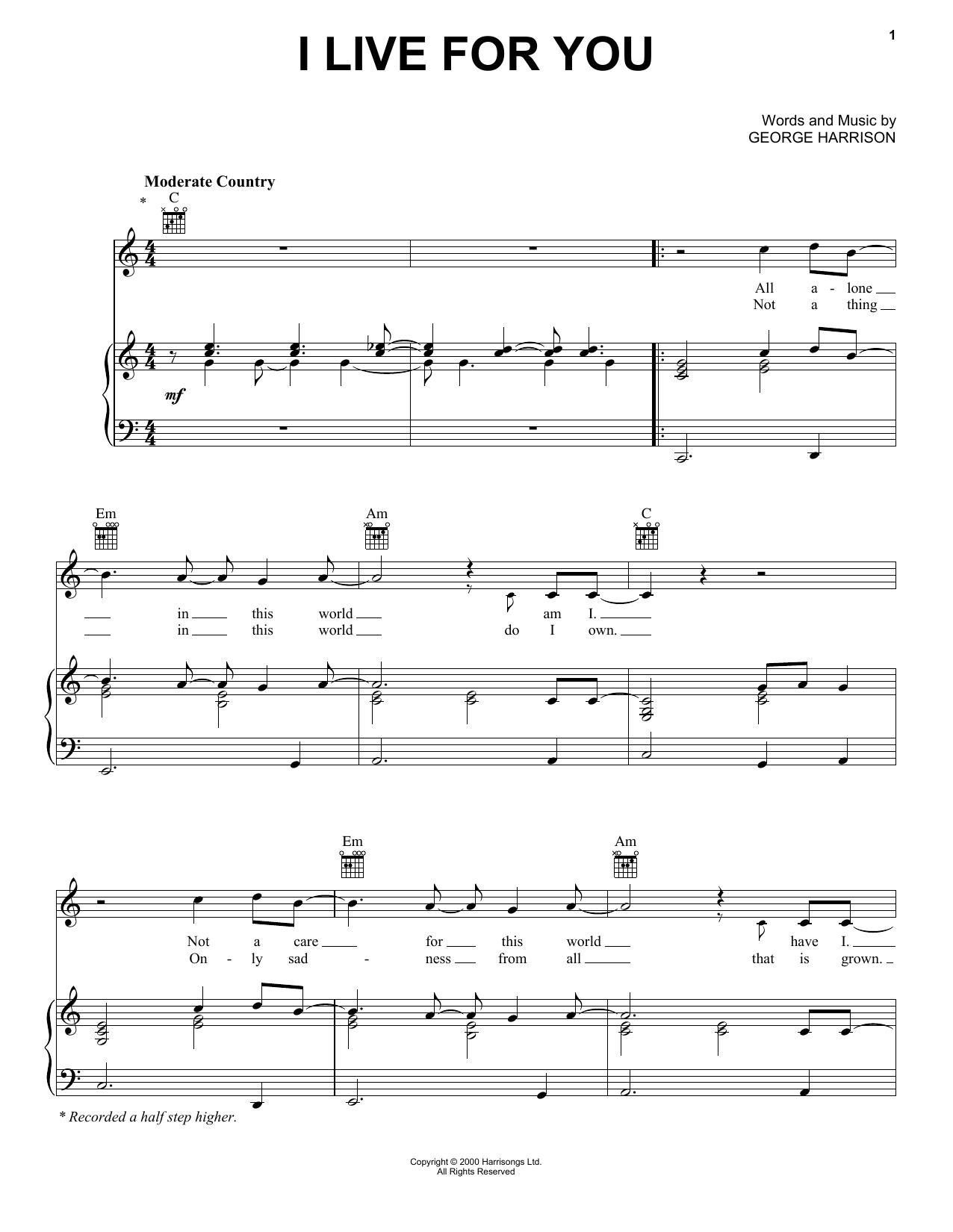 George Harrison I Live For You sheet music notes and chords arranged for Piano, Vocal & Guitar Chords (Right-Hand Melody)