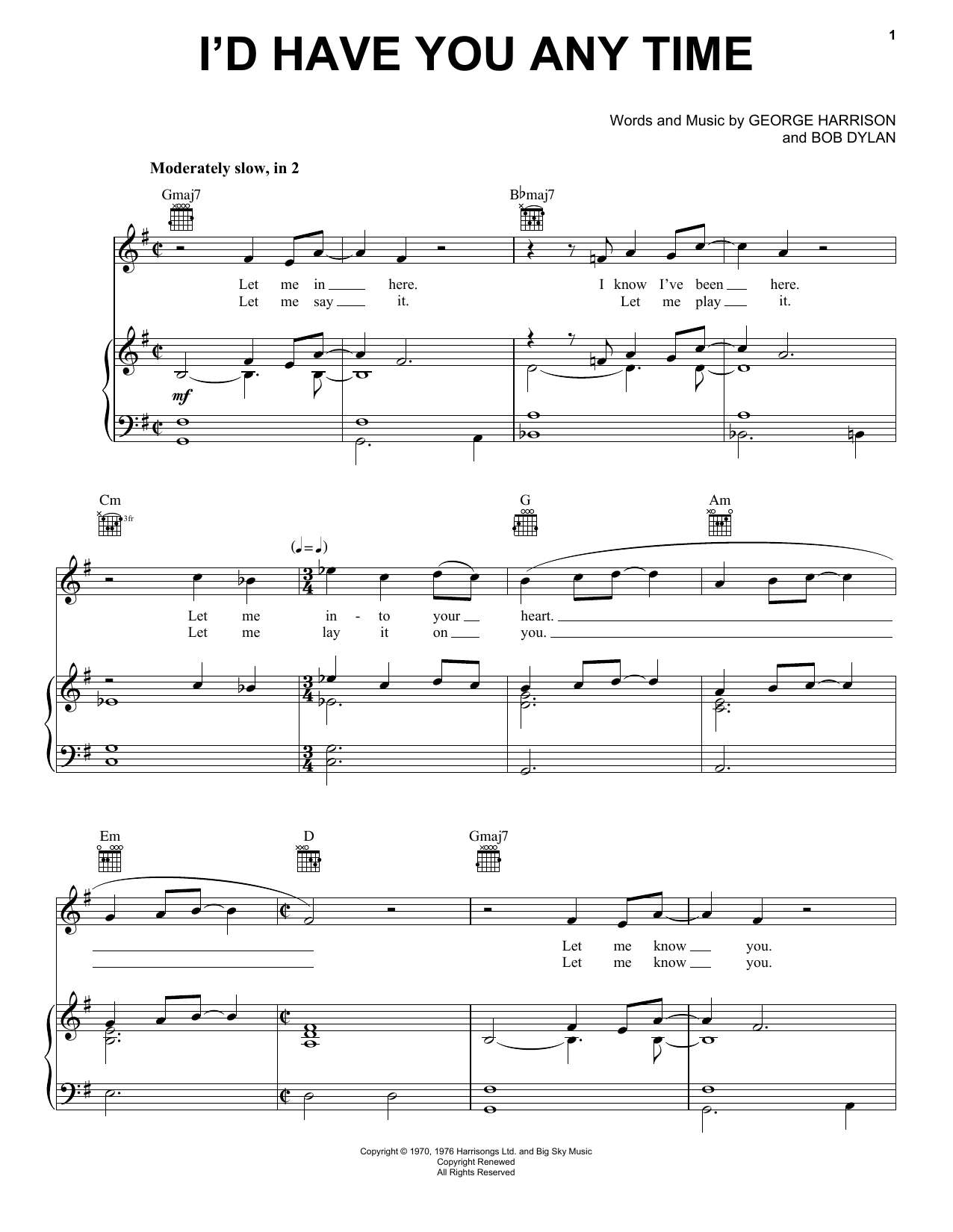 George Harrison I'd Have You Any Time sheet music notes and chords arranged for Piano, Vocal & Guitar Chords (Right-Hand Melody)