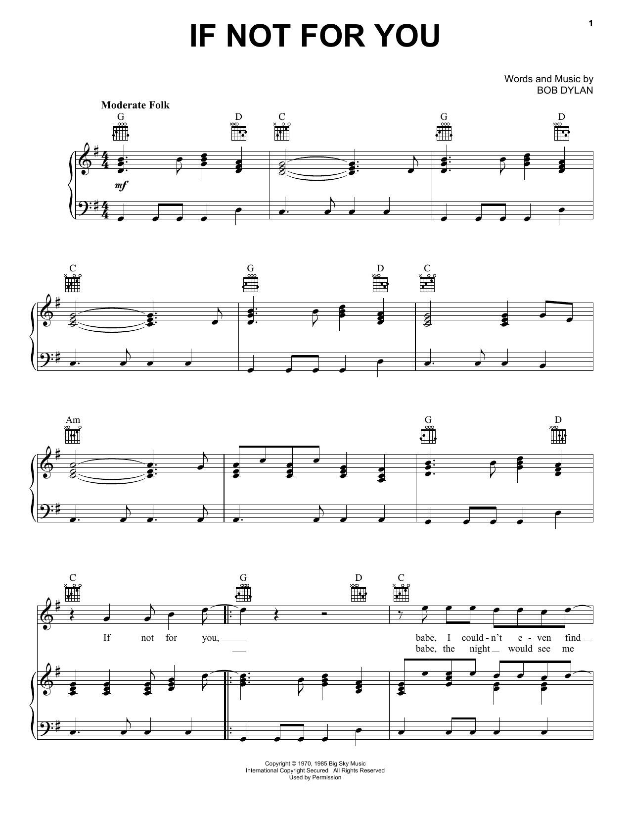 George Harrison If Not For You sheet music notes and chords arranged for Piano, Vocal & Guitar Chords (Right-Hand Melody)
