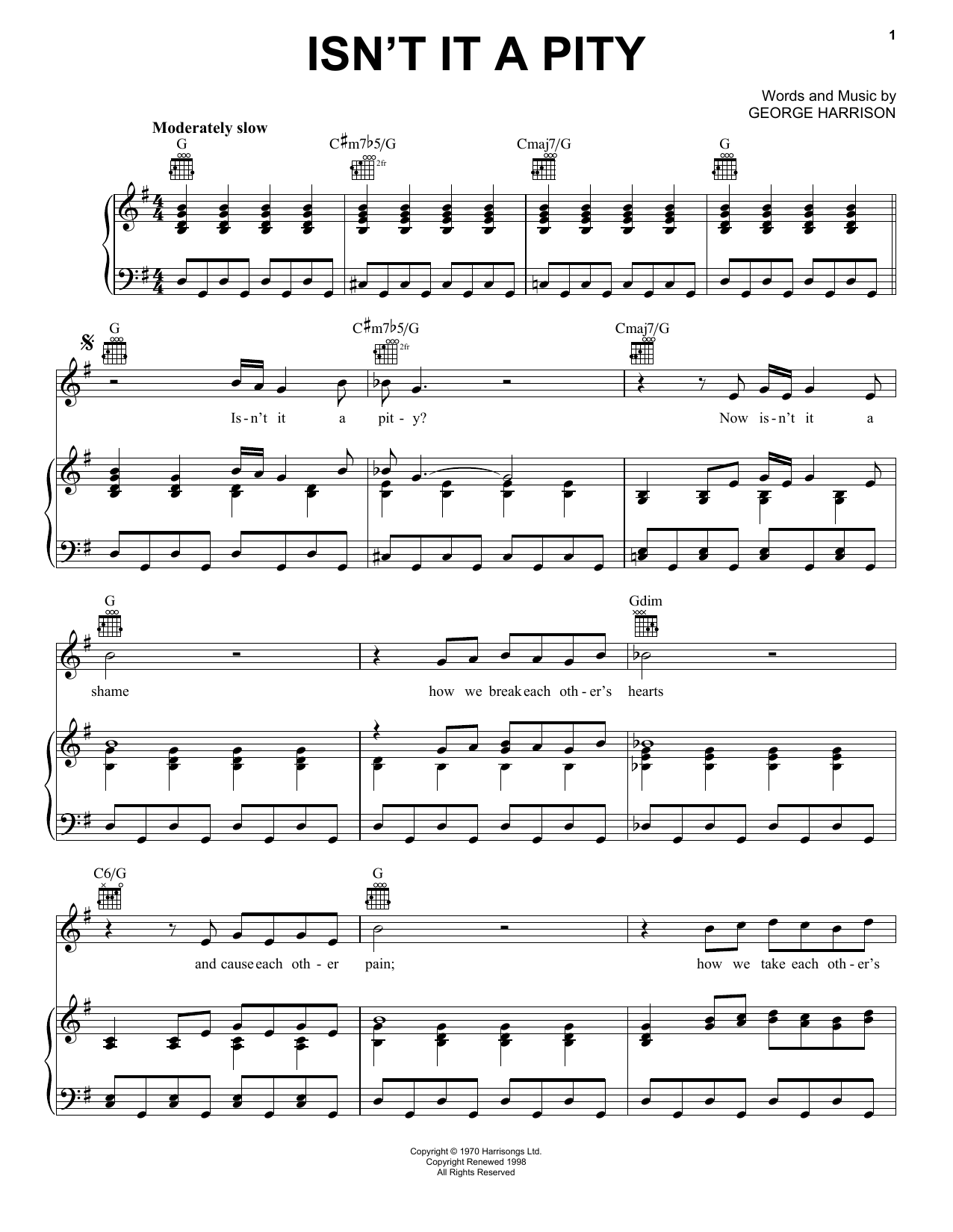 George Harrison Isn't It A Pity sheet music notes and chords arranged for Piano, Vocal & Guitar Chords (Right-Hand Melody)