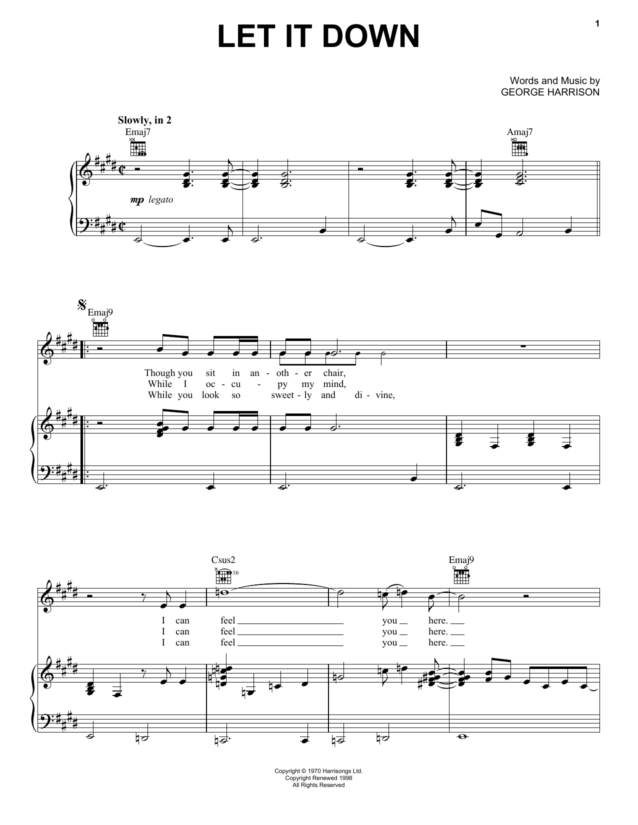 George Harrison Let It Down sheet music notes and chords arranged for Piano, Vocal & Guitar Chords (Right-Hand Melody)