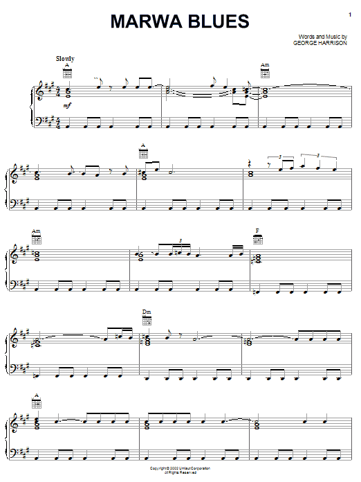 George Harrison Marwa Blues sheet music notes and chords arranged for Piano, Vocal & Guitar Chords (Right-Hand Melody)