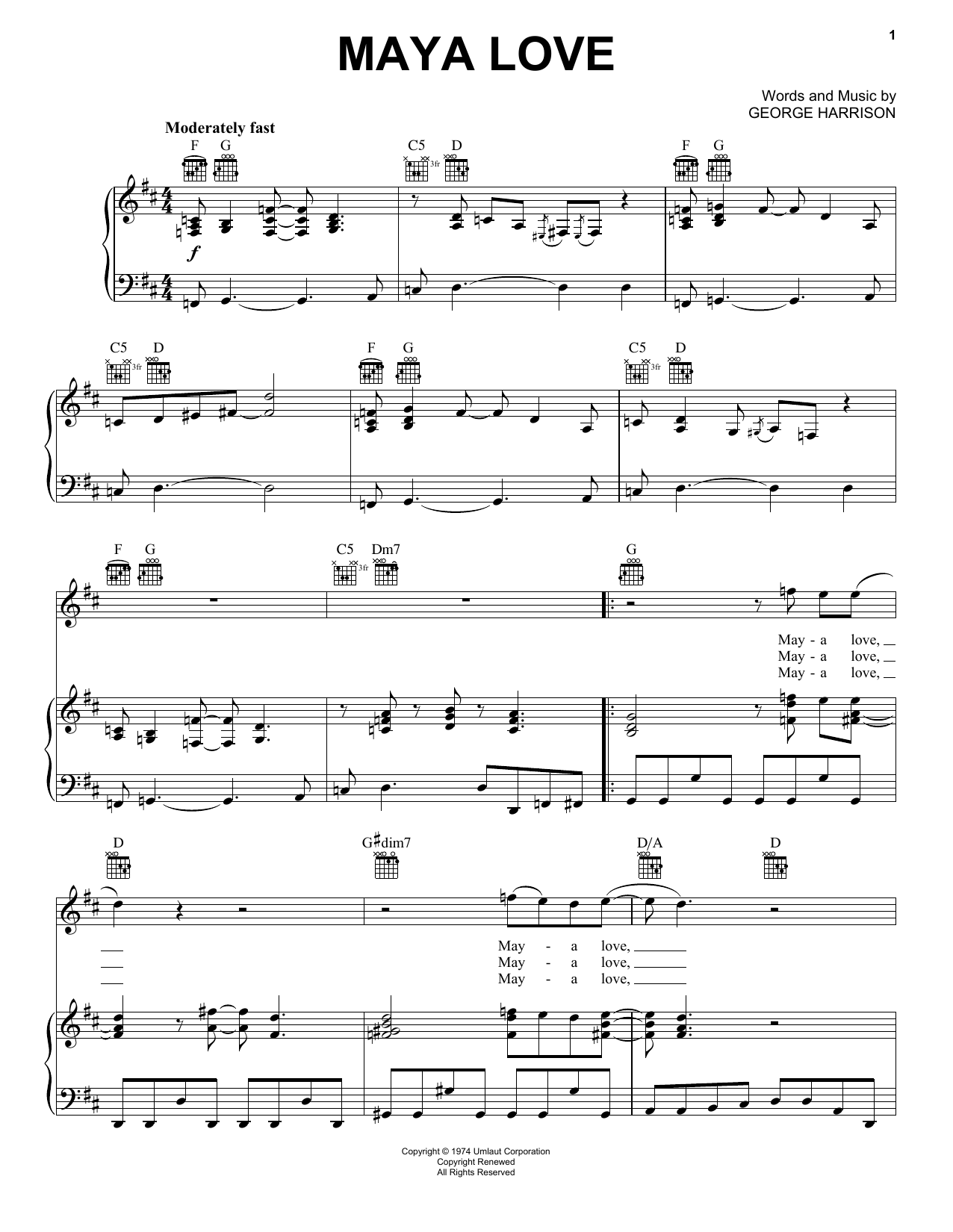 George Harrison Maya Love sheet music notes and chords arranged for Piano, Vocal & Guitar Chords (Right-Hand Melody)