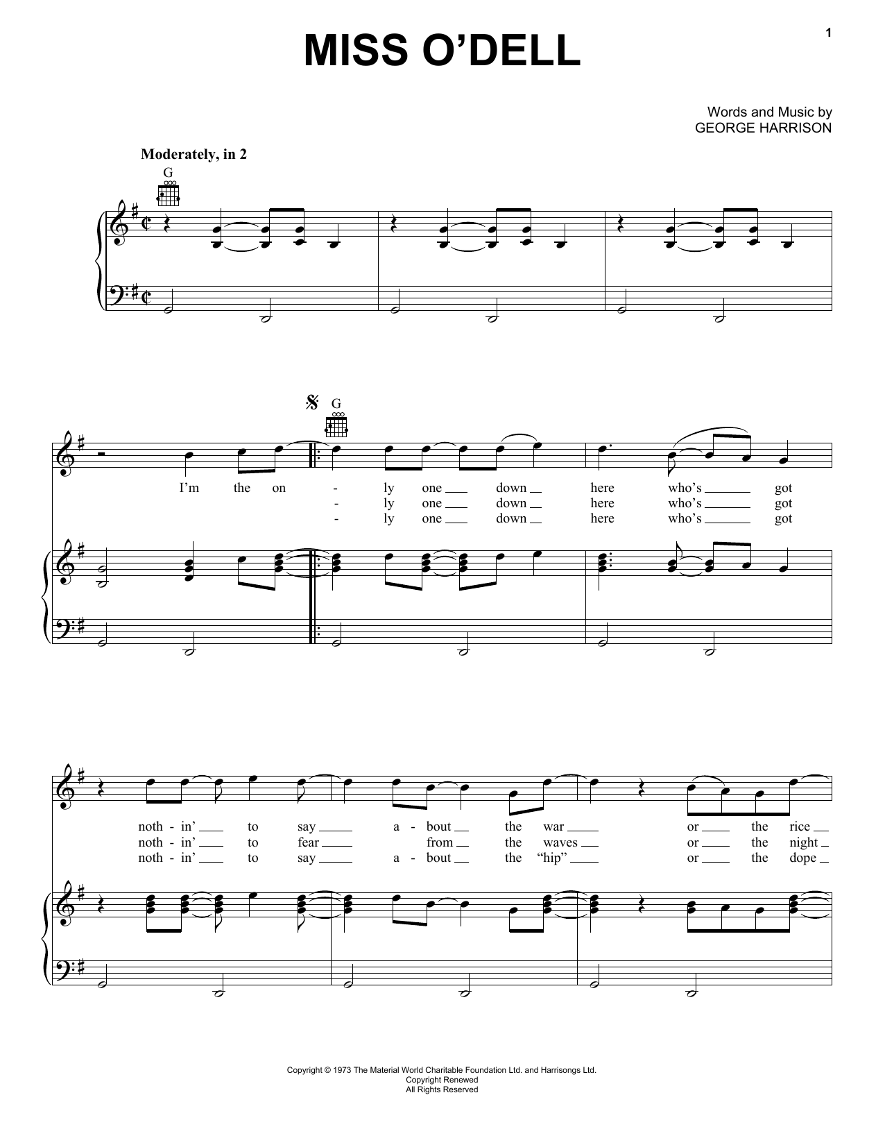George Harrison Miss O'Dell sheet music notes and chords arranged for Piano, Vocal & Guitar Chords (Right-Hand Melody)