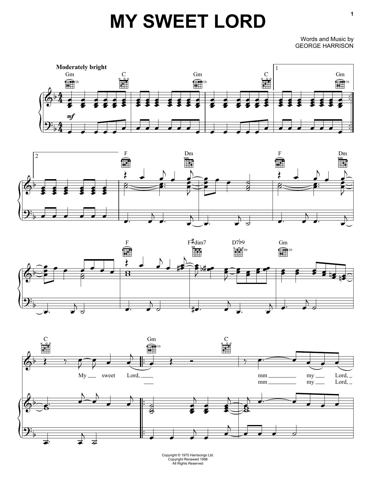 George Harrison My Sweet Lord sheet music notes and chords arranged for Piano Chords/Lyrics