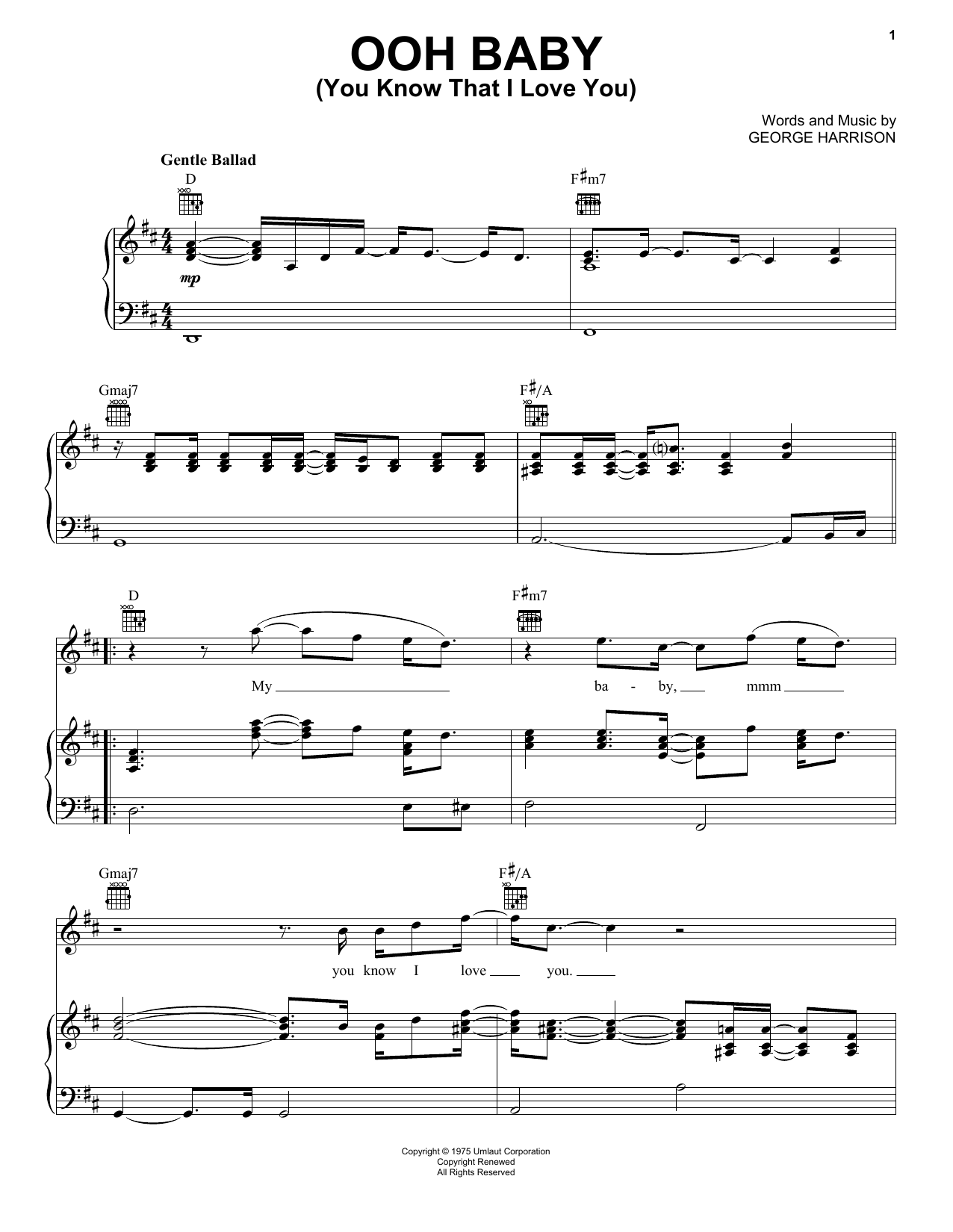 George Harrison Ooh Baby (You Know That I Love You) sheet music notes and chords arranged for Piano, Vocal & Guitar Chords (Right-Hand Melody)