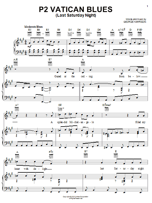 George Harrison P2 Vatican Blues (Last Saturday Night) sheet music notes and chords arranged for Piano, Vocal & Guitar Chords (Right-Hand Melody)