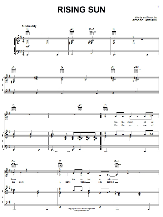 George Harrison Rising Sun sheet music notes and chords arranged for Piano, Vocal & Guitar Chords (Right-Hand Melody)